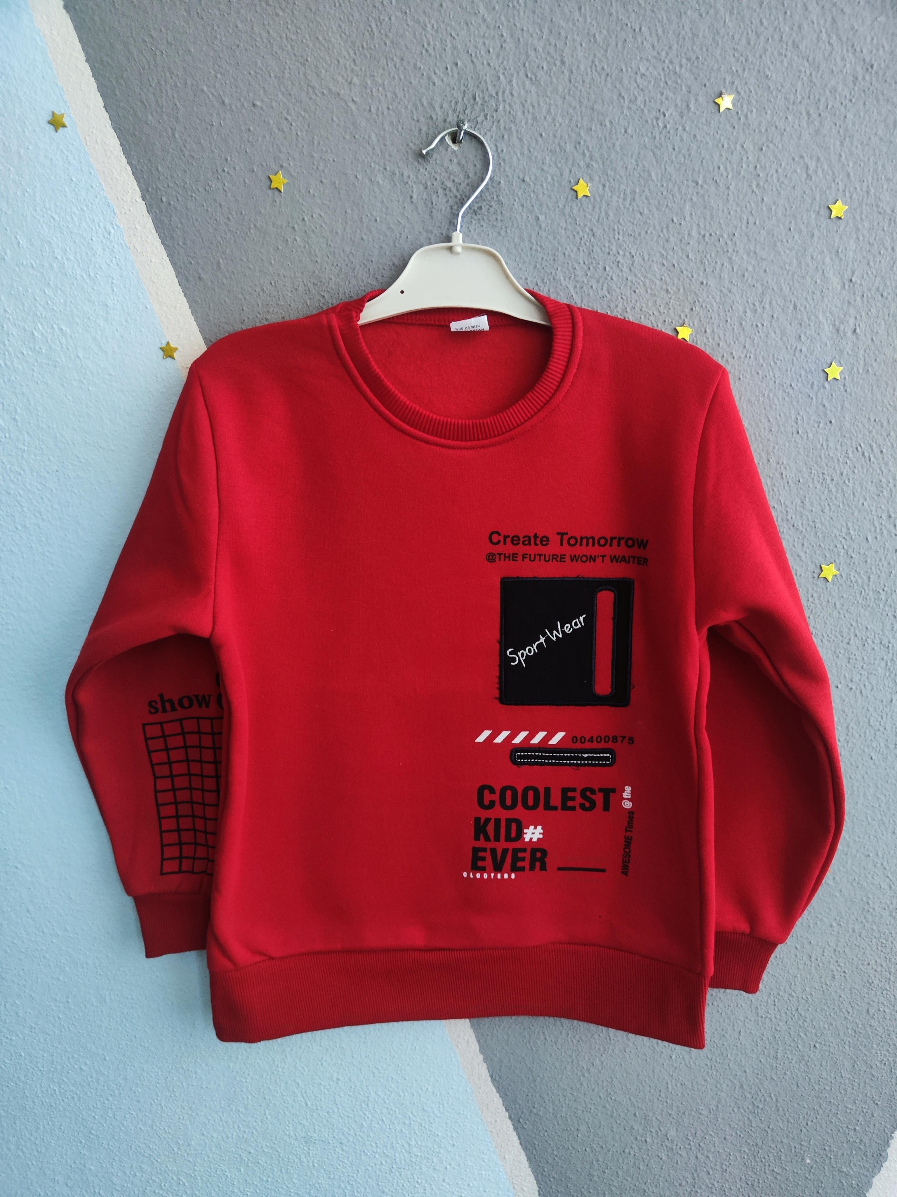 1288 - Create Tomorrow Baskılı 3 İp Erkek Sweatshirt - Kırmızı