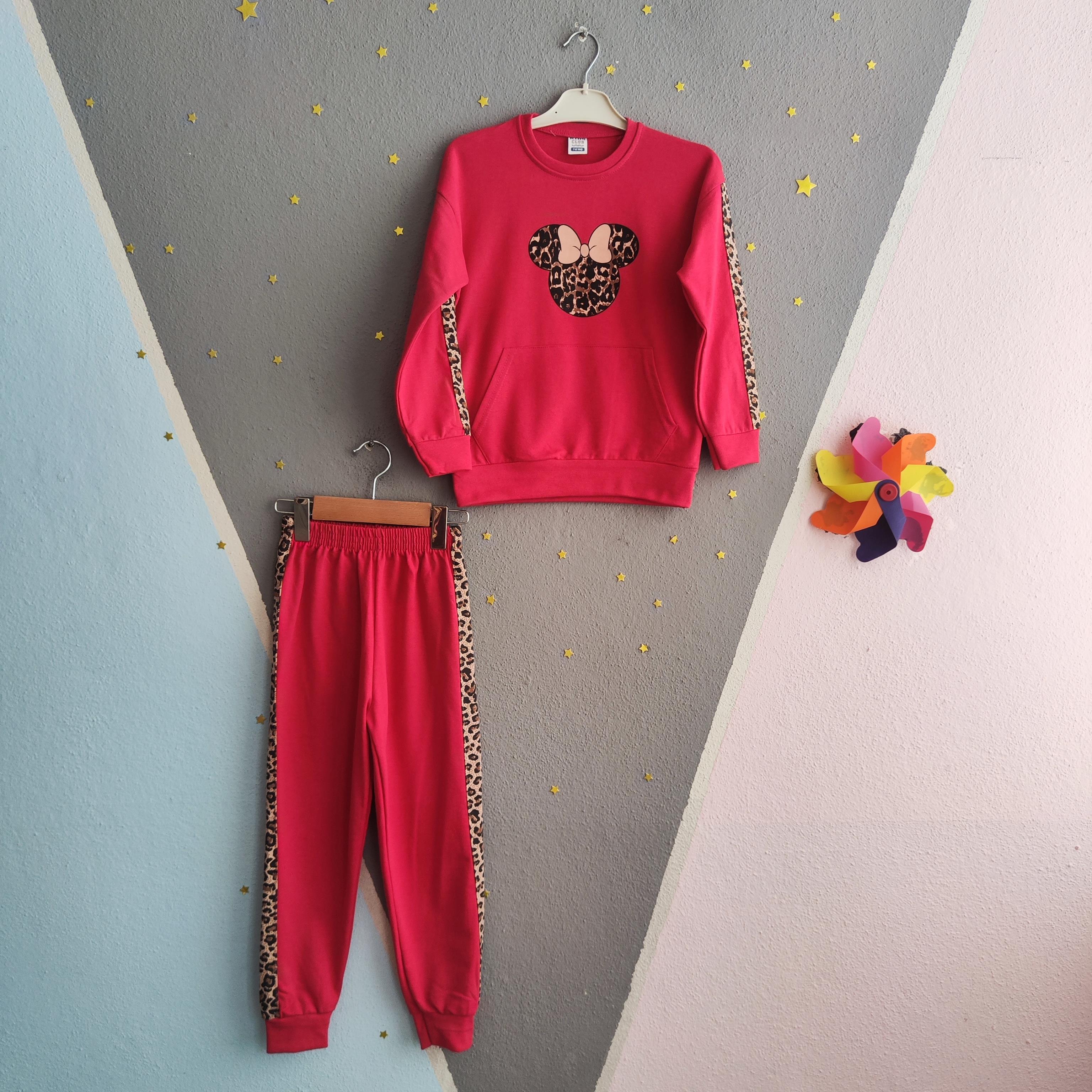 1393 -leopar desen minnie baskılı kız çocuk takımı -nar çiçeği