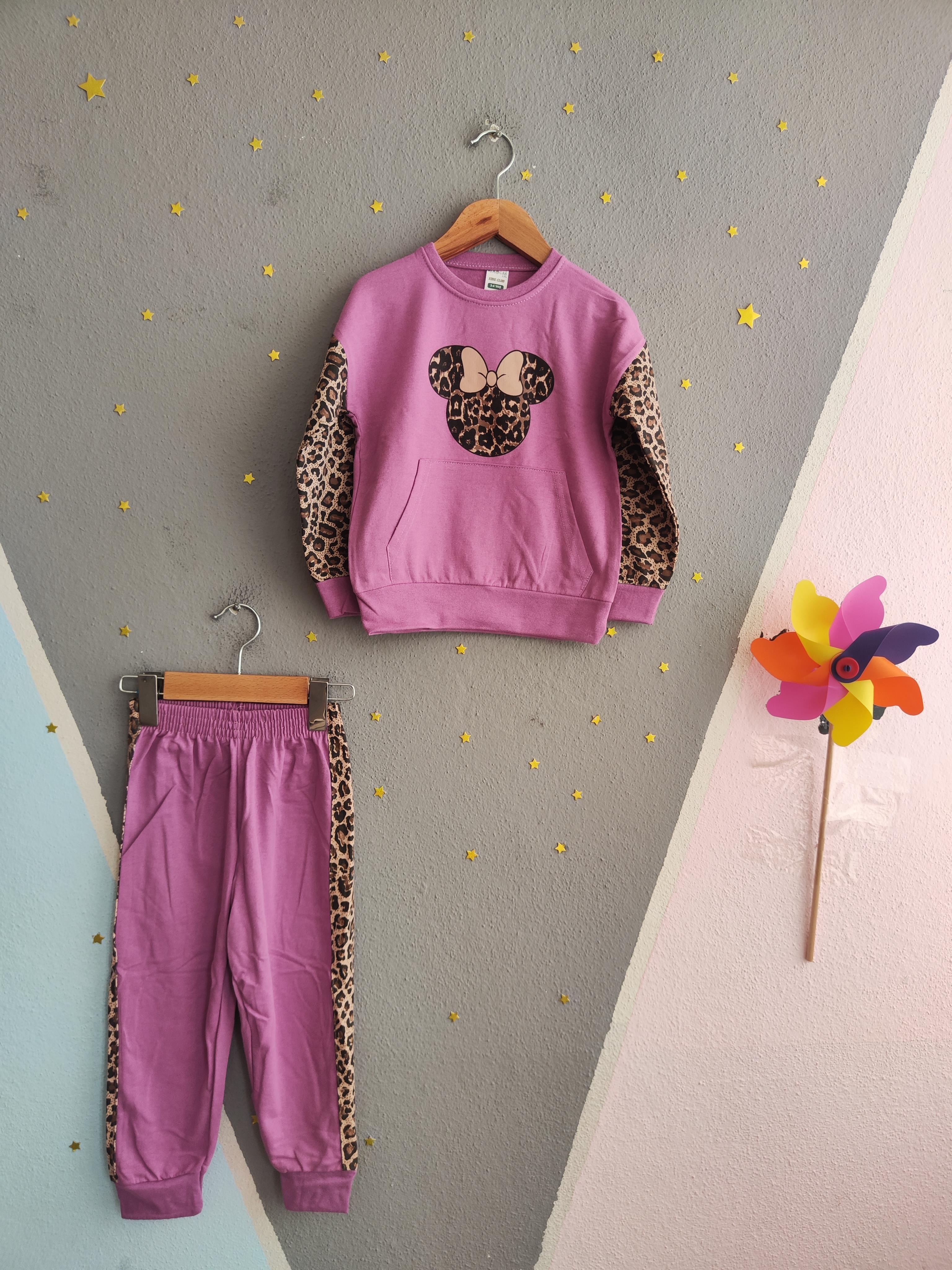 1393 -leopar desen minnie baskılı kız çocuk takımı - Lila