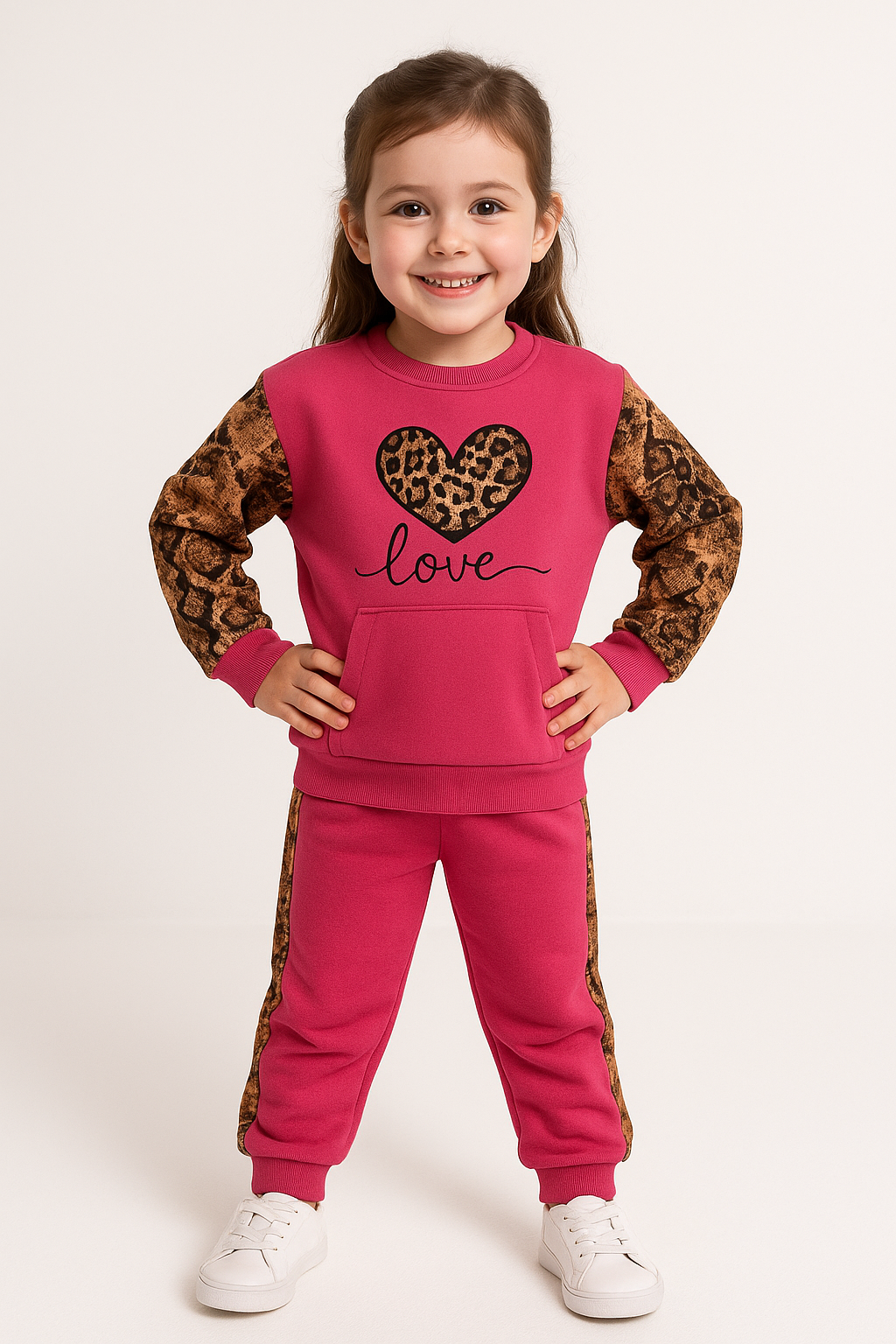1394 -love baskılı leopar desen kız çocuk takımı - Fuşya