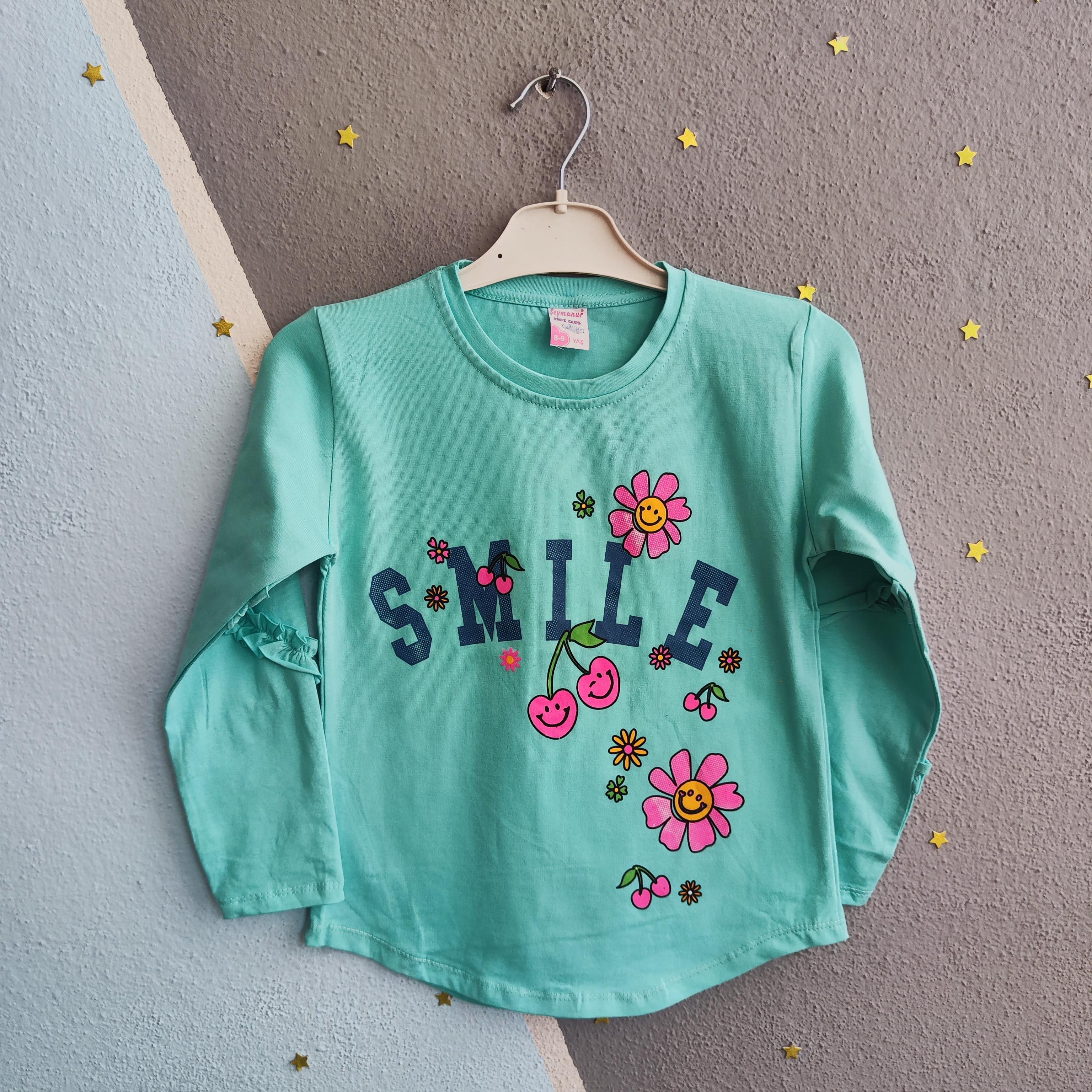 1429 - Smile Baskılı Kız Sweatshirt - yeşil