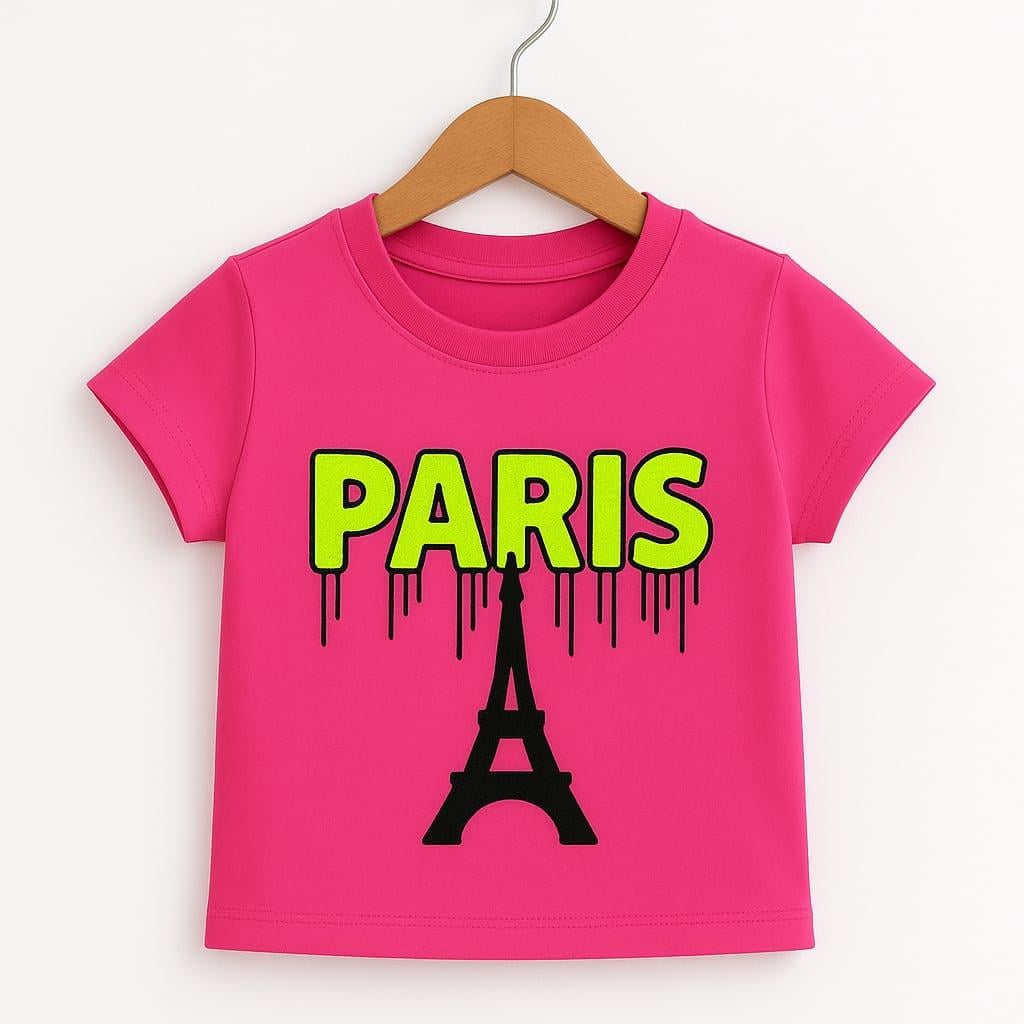 1499 - Paris Baskılı Kız T-Shirt - Fuşya