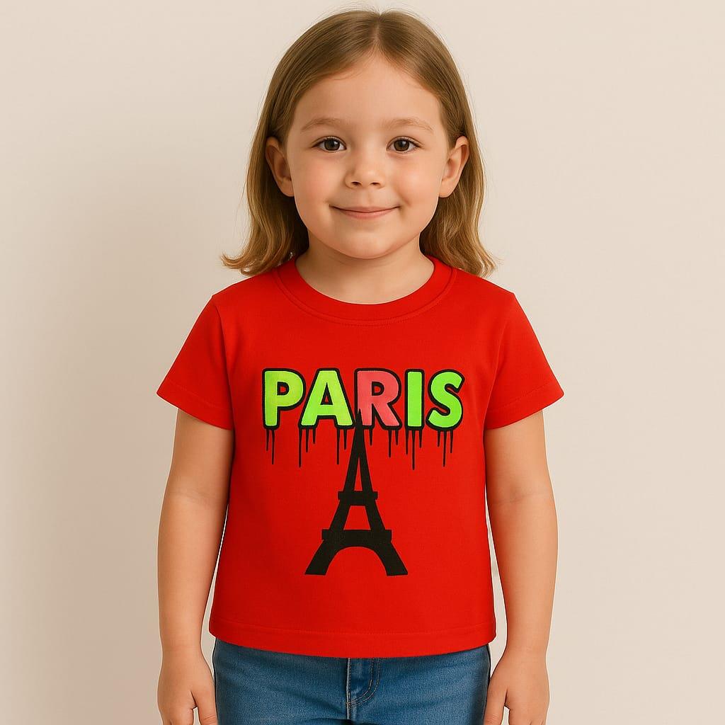 1499 - Paris Baskılı Kız T-Shirt - Kırmızı