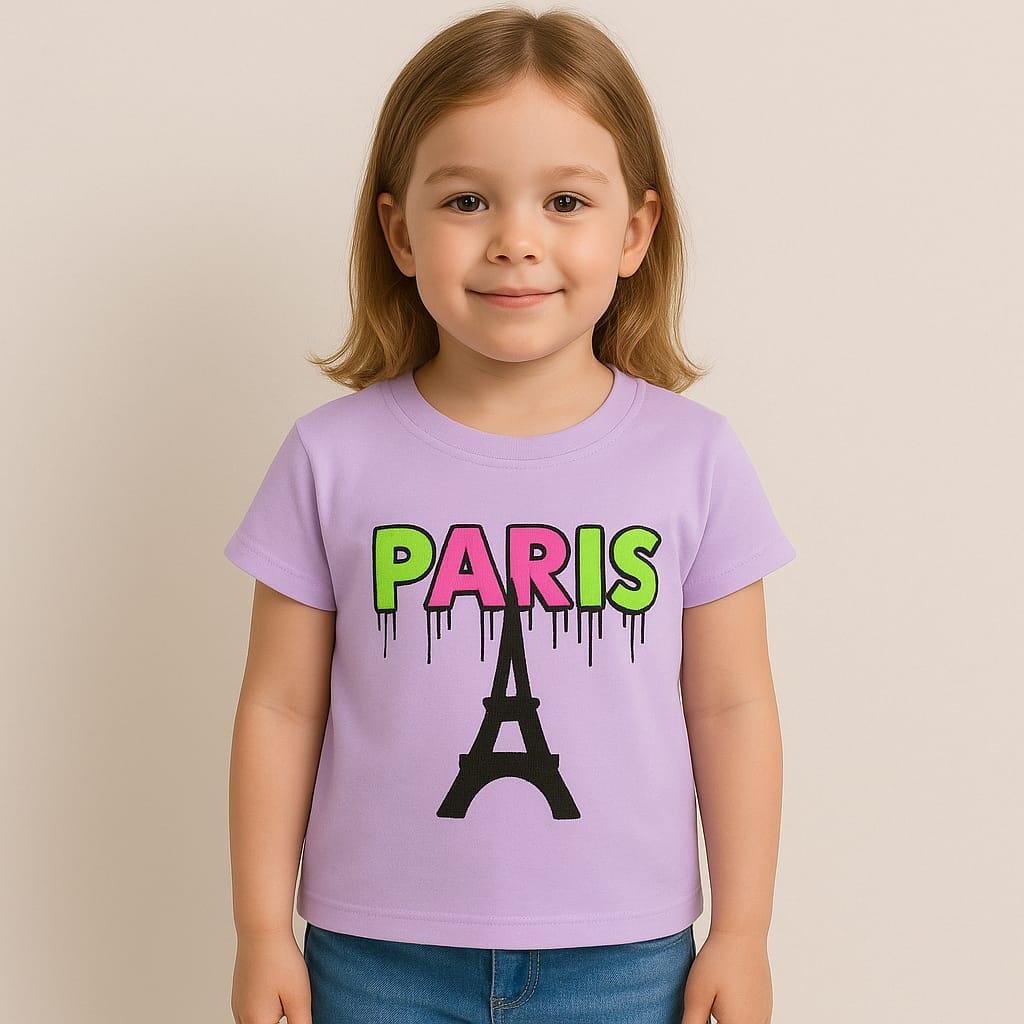 1499 - Paris Baskılı Kız T-Shirt - Lila