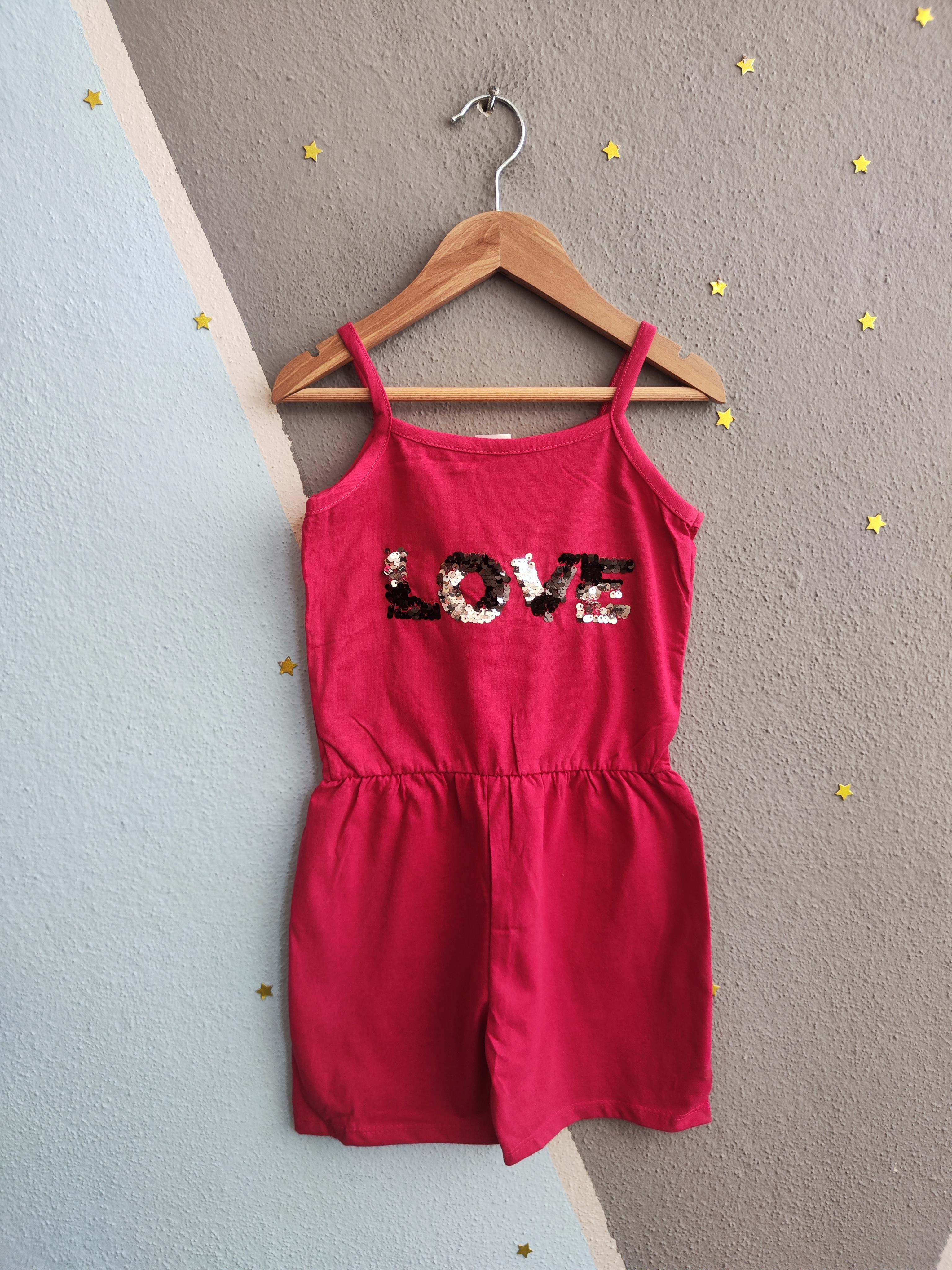 1508 - Love Baskılı Askılı Kız Tulum - fuşya