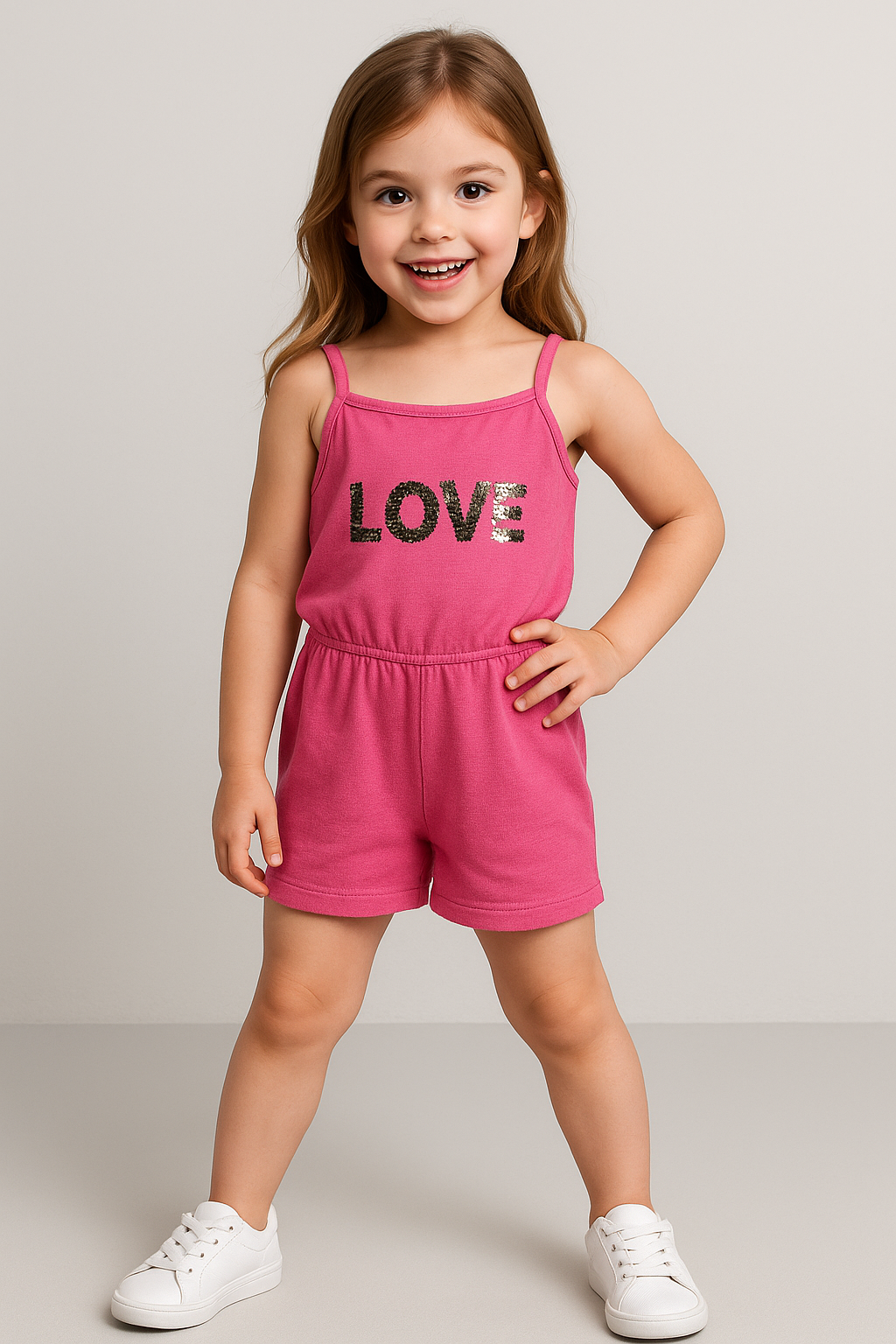 1508 - Love Baskılı Askılı Kız Tulum - Koyu Pembe