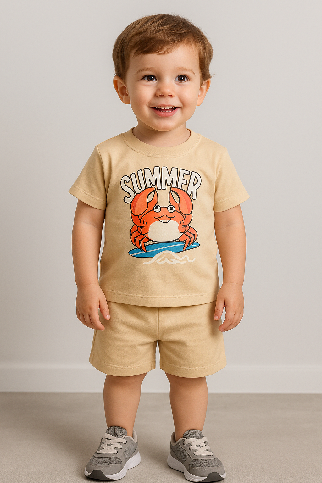 1526 - Summer Baskılı Erkek Çocuk Takım - Taş Rengi