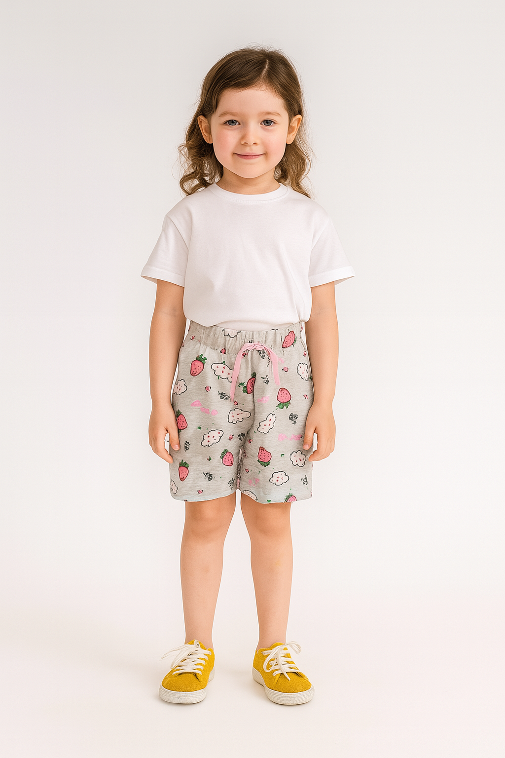 1570 - Bulut Ve Çilek Baskılı Kız Şort - Gri