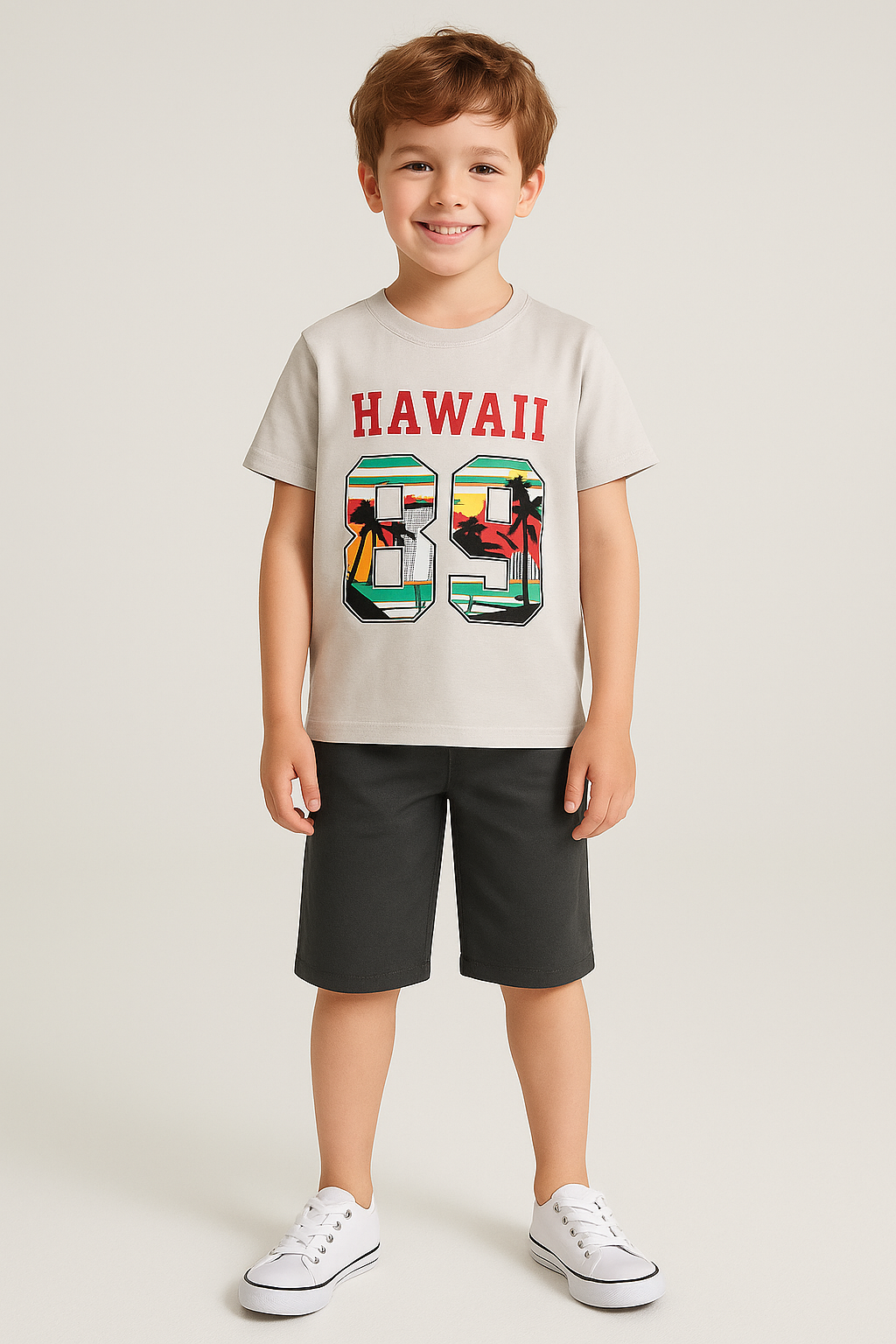 1578 -  Hawaii Baskılı Erkek Takım - Gri- Füme