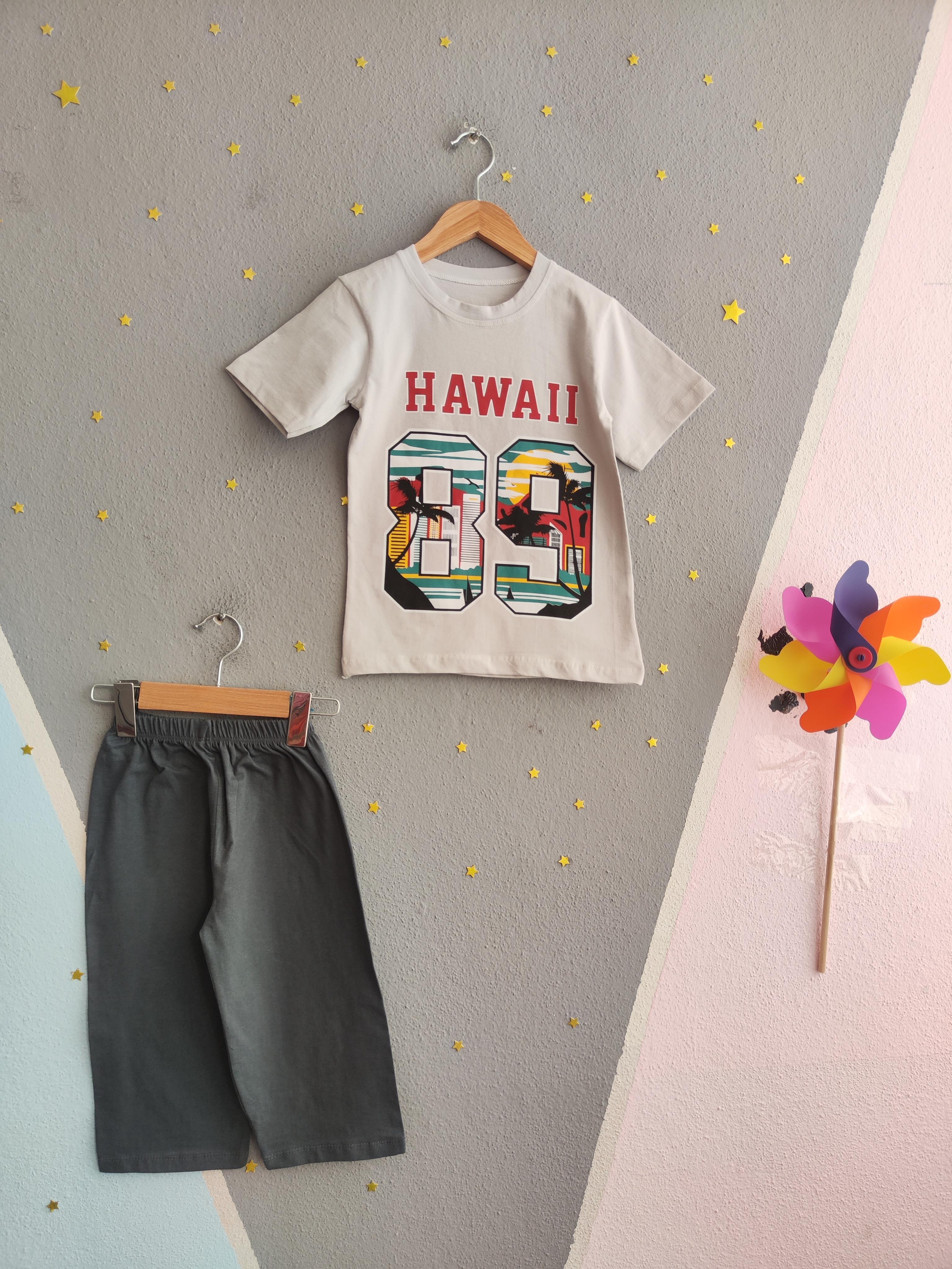 1578 -  Hawaii Baskılı Erkek Takım - Gri- Füme