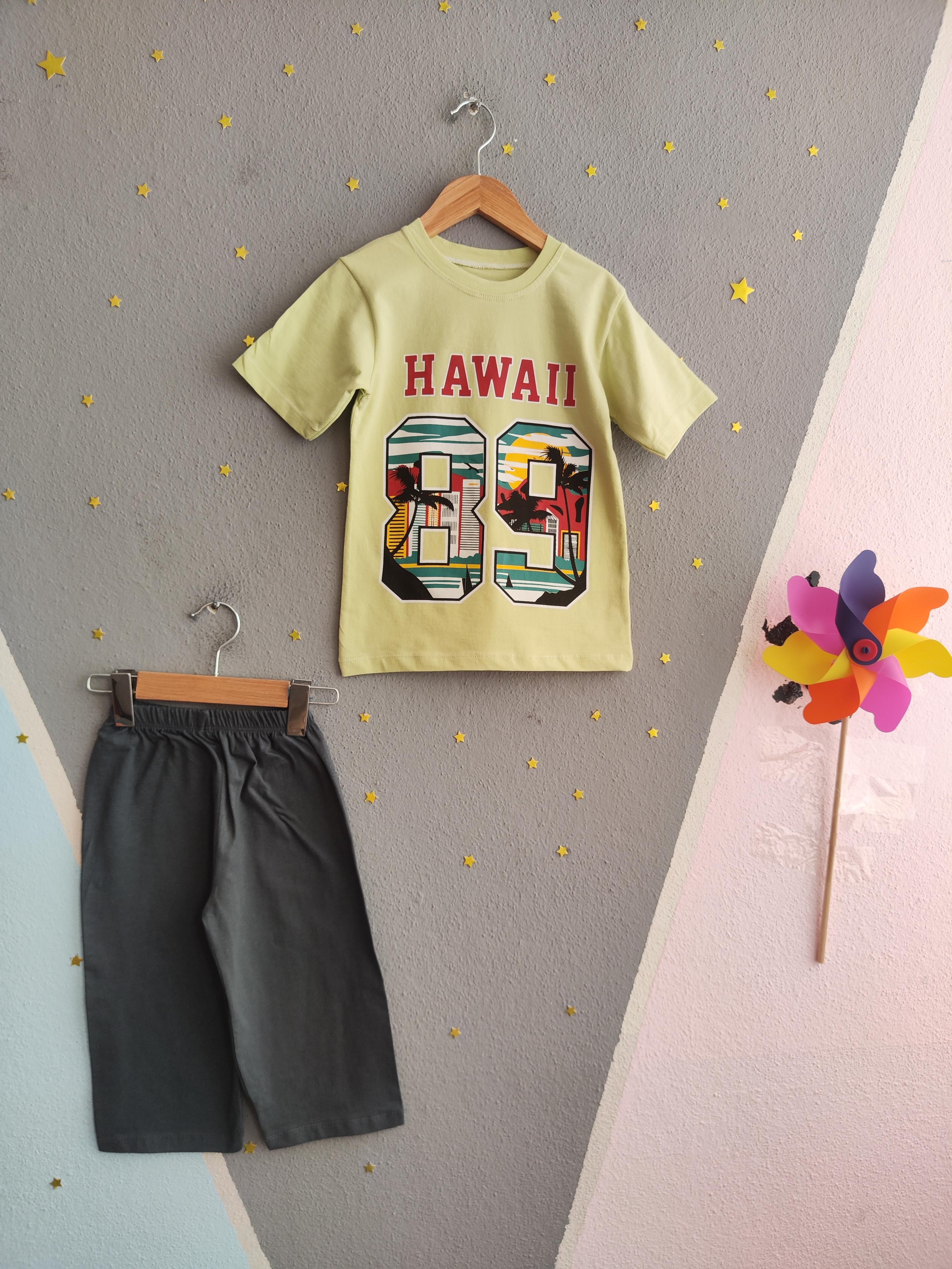 1578 -  Hawaii Baskılı Erkek Takım - Yeşil- Füme