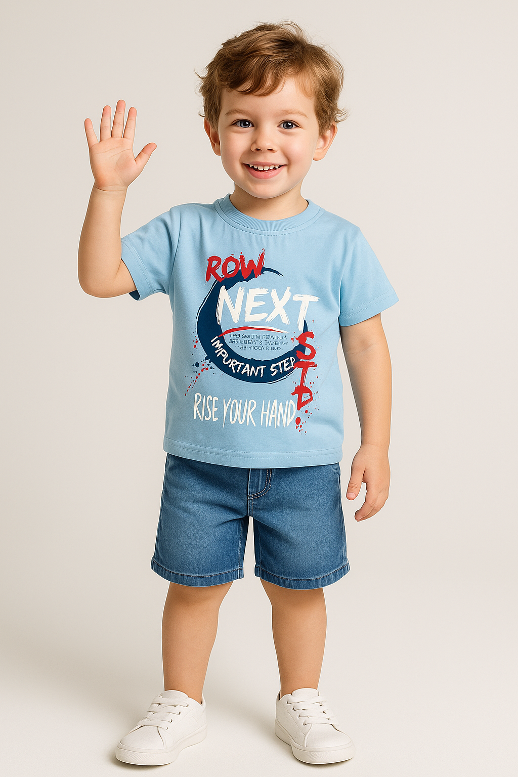 1580  -Next Baskılı Kot Şortlu Erkek Takım- Açık Mavi