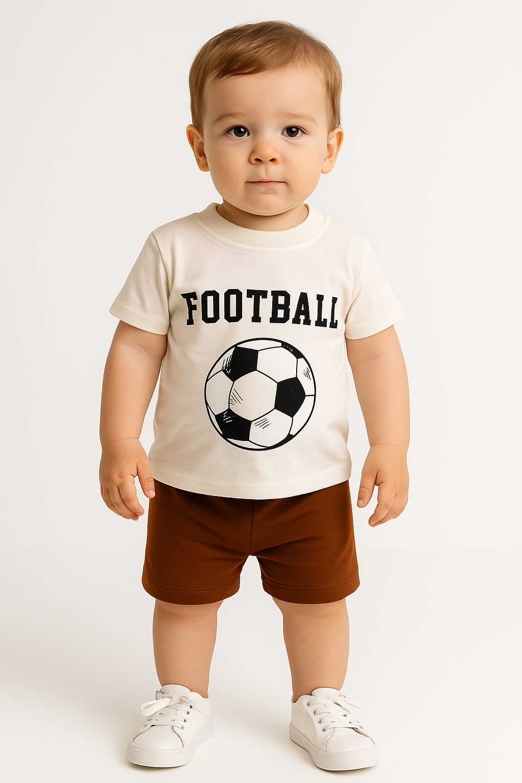 1604 - Futbol Topu Baskılı Aylık Erkek Çocuk Takım - Krem - Kahve