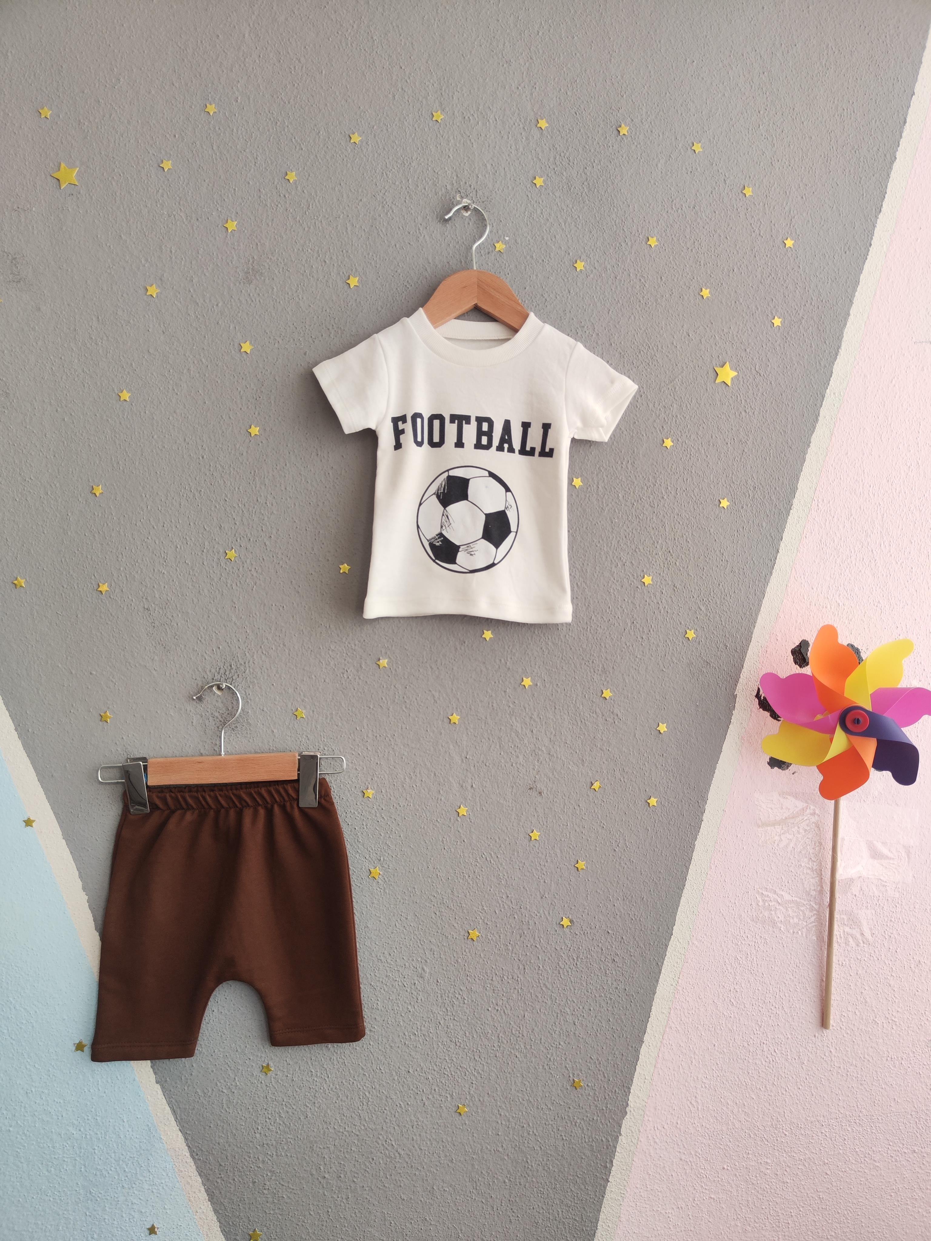1604 - Futbol Topu Baskılı Aylık Erkek Çocuk Takım - Krem - Kahve