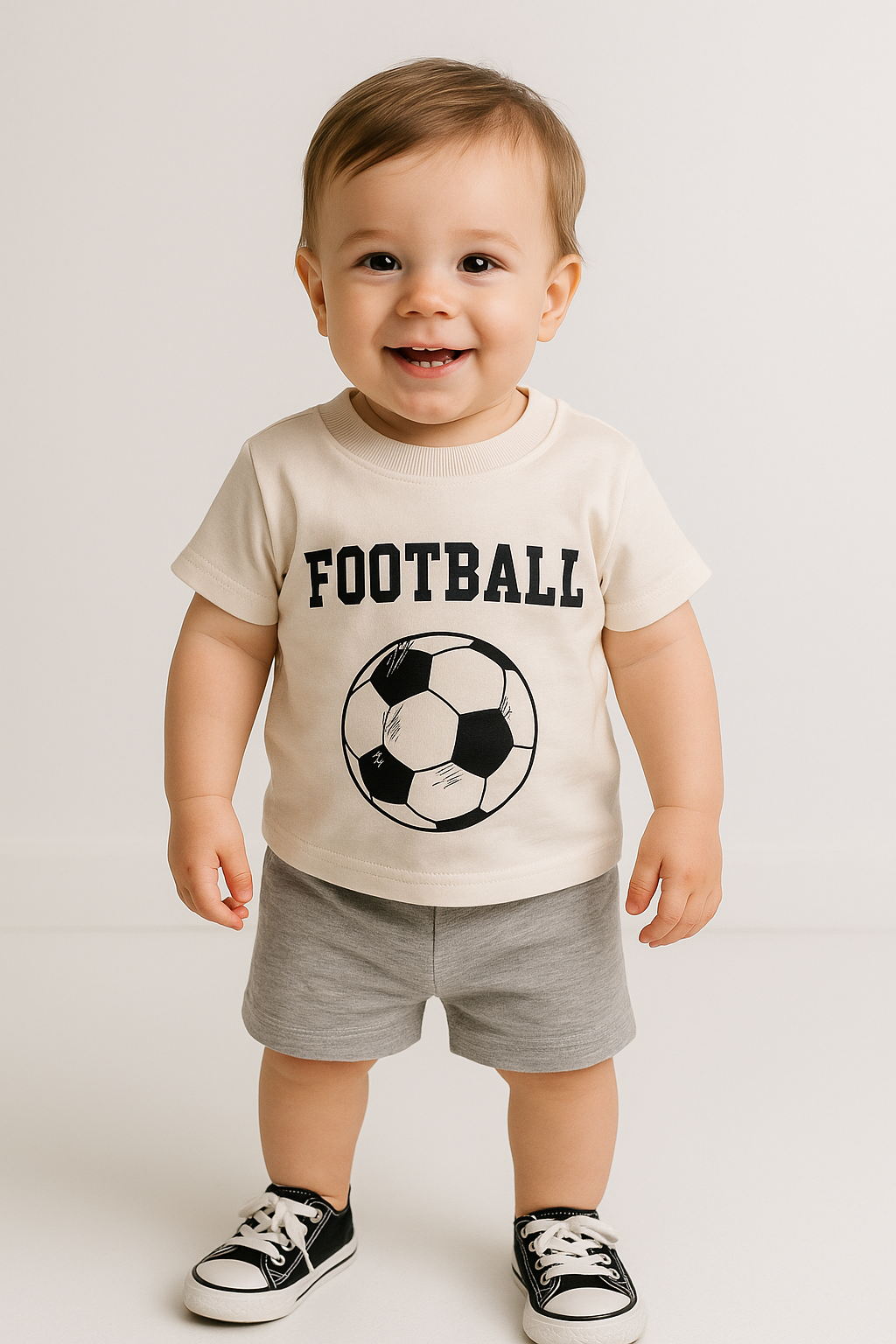 1604 - Futbol Topu Baskılı Aylık Erkek Çocuk Takım - Krem - Gri