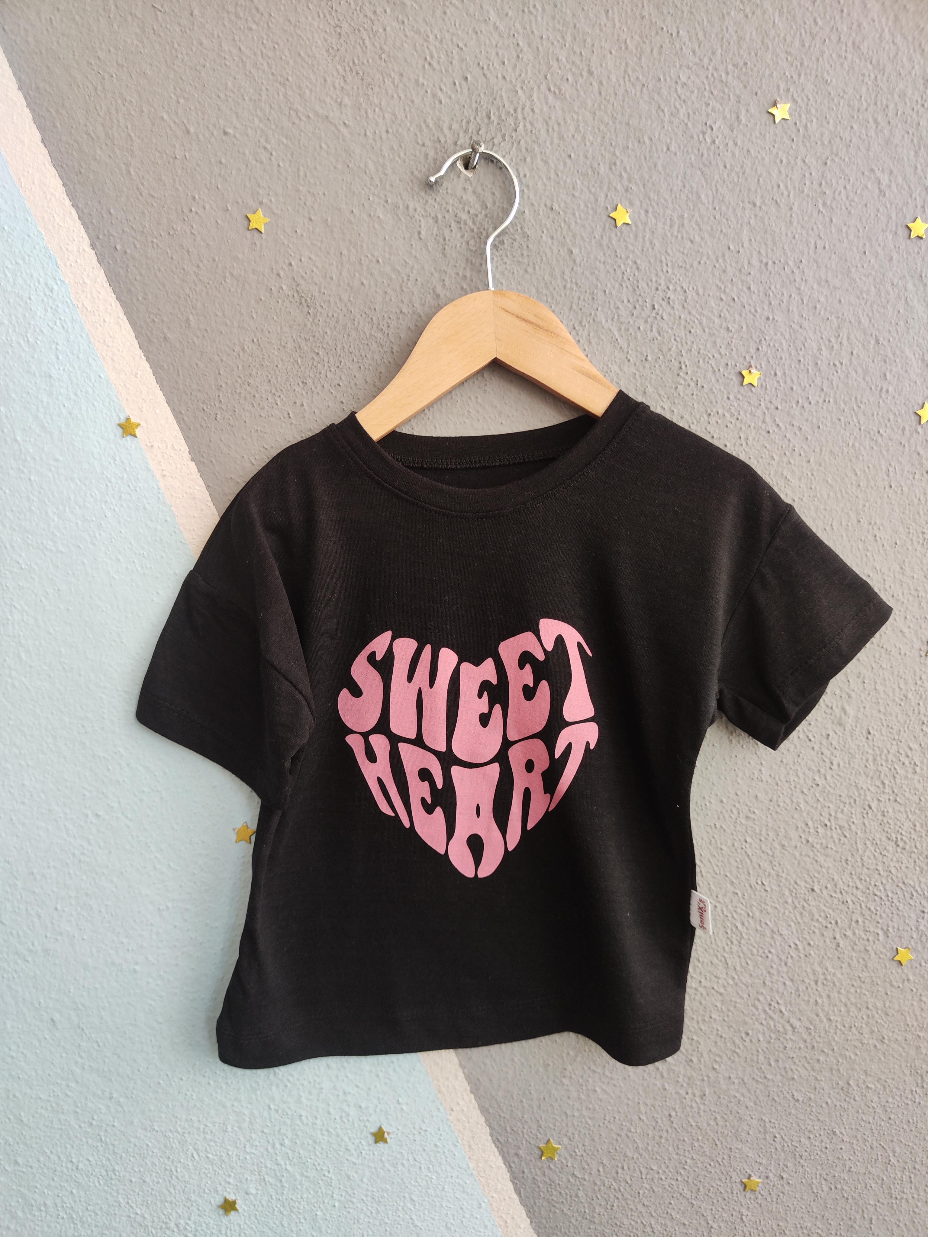 1615 -  Sweet Heart Baskılı Kız Çocuk Takım - Siyah - Toz Pembe