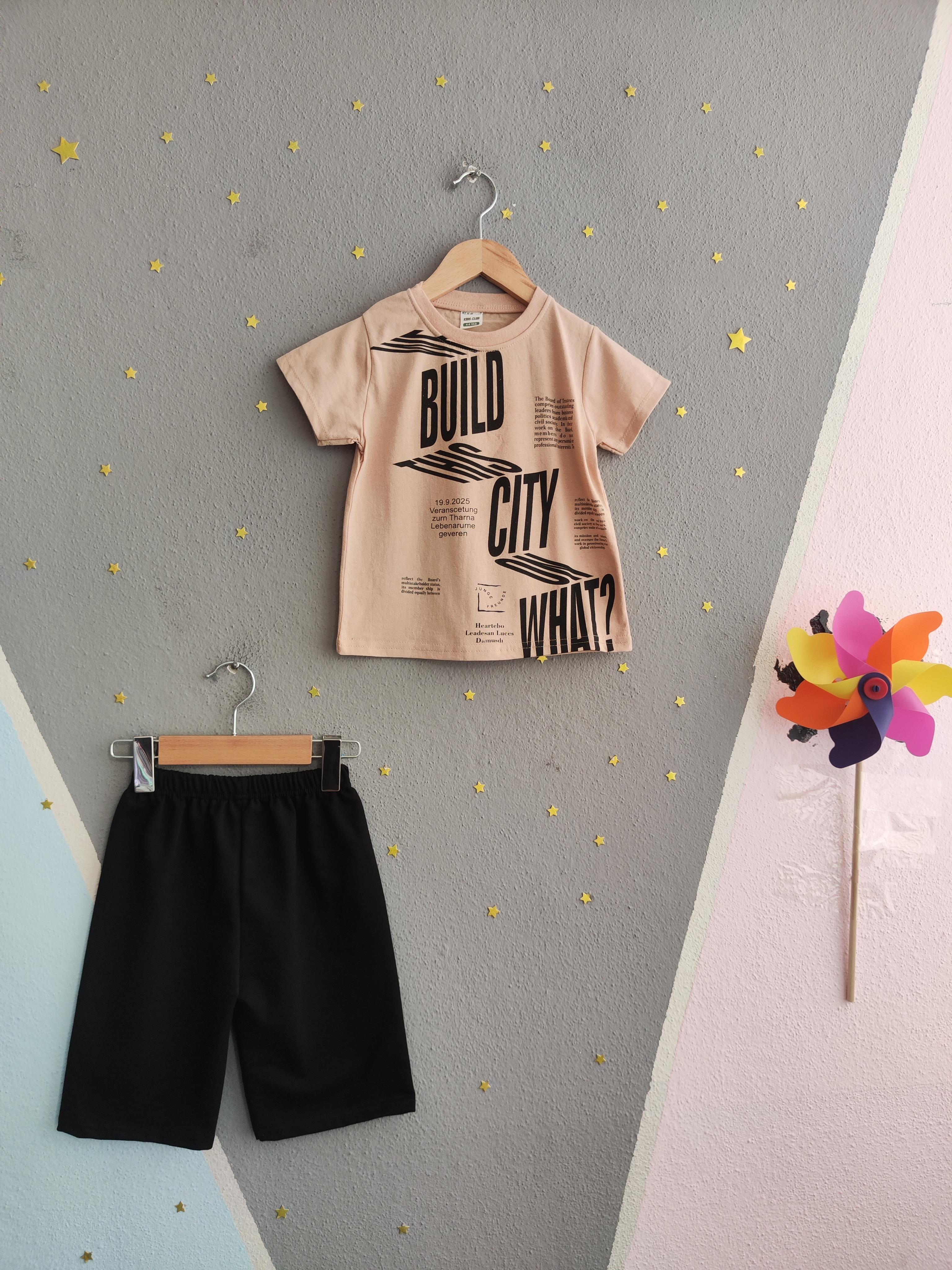 1619 - Buld City Baskılı Erkek Çocuk Takım- Krem
