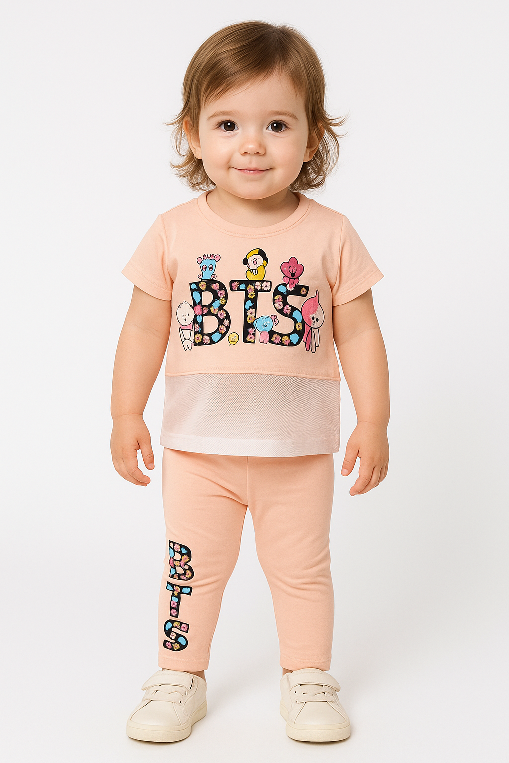 1643 - BTS Baskılı Kapri Taytlı Çocuk Takım - Somon