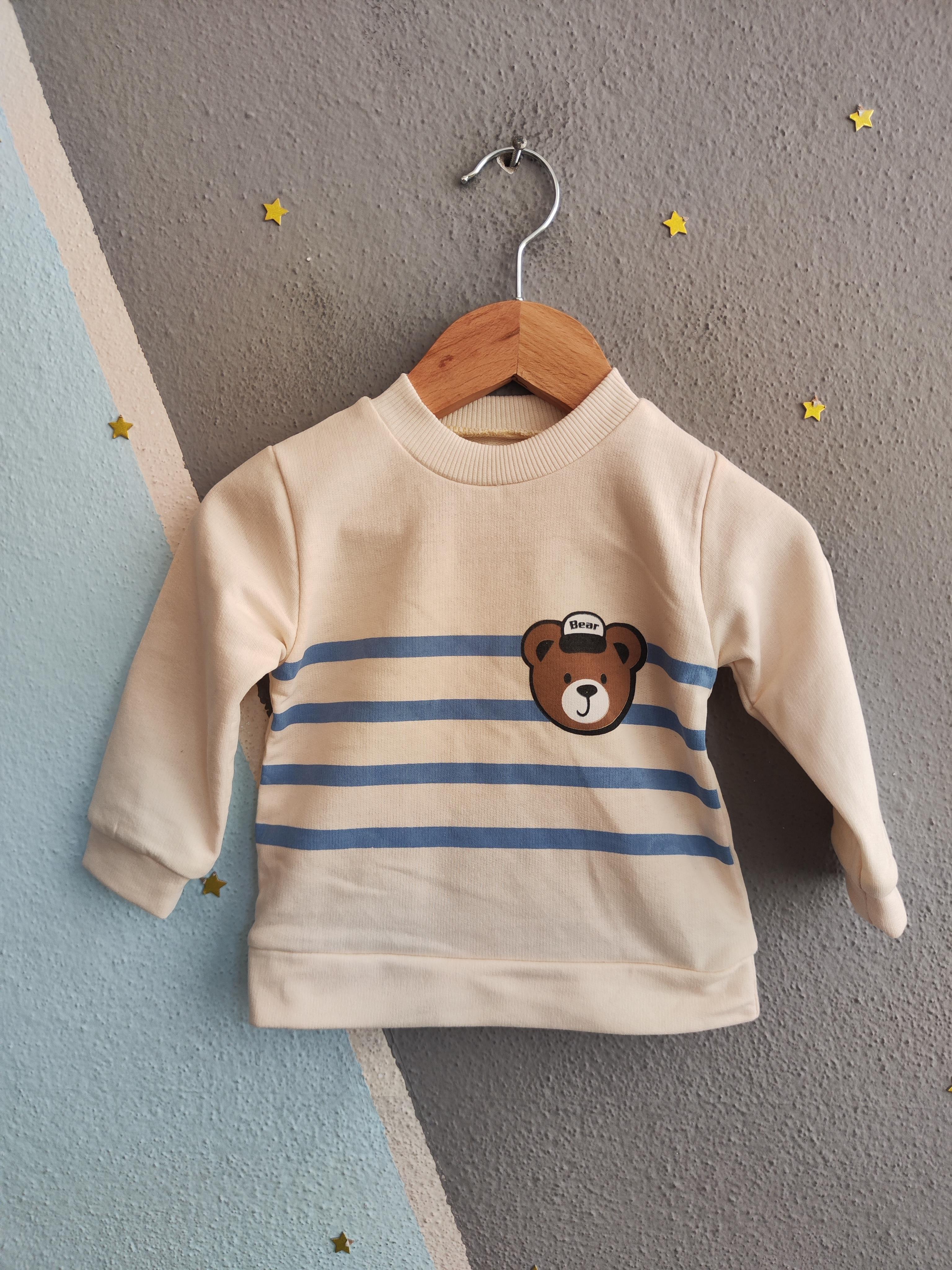 1714 - Bear Baskılı Çizgili Aylık Erkek Bebek Takım - Saks