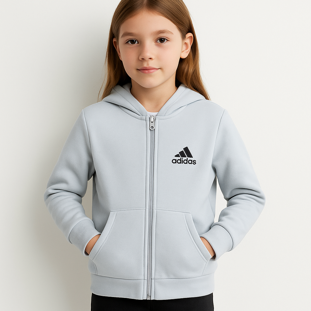 1755 - Ads Baskılı Kapüşonlu Üç İp Unisex Çocuk Hırkası - Buz Mavisi