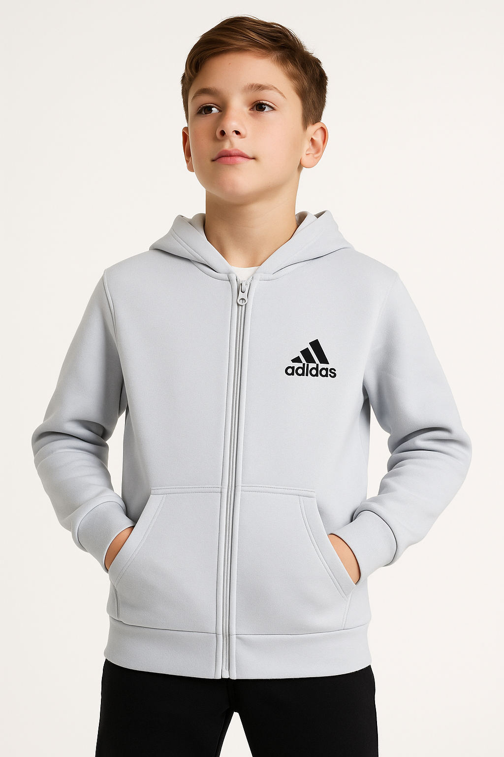 1755 - Ads Baskılı Kapüşonlu Üç İp Unisex Çocuk Hırkası - Buz Mavisi