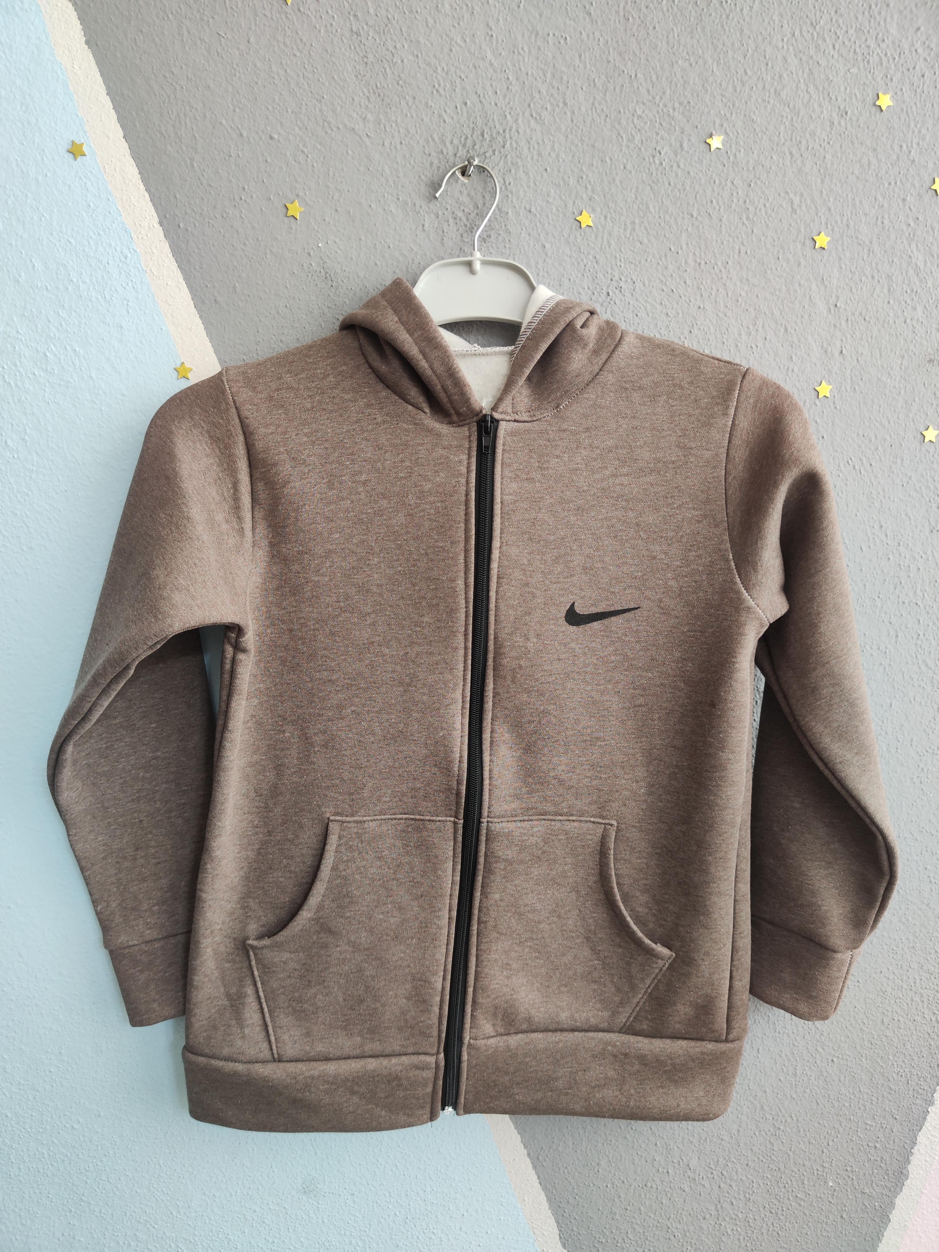 1756 - NK Baskılı Kapüşonlu Üç İp Unisex Çocuk Hırkası - Kahve