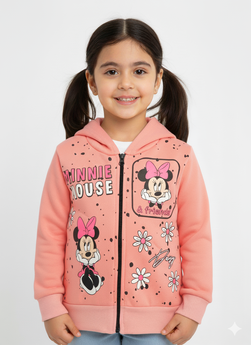 1763- Karakter Baskılı Kapüşonlu Kız Çocuk Hırkası -Somon