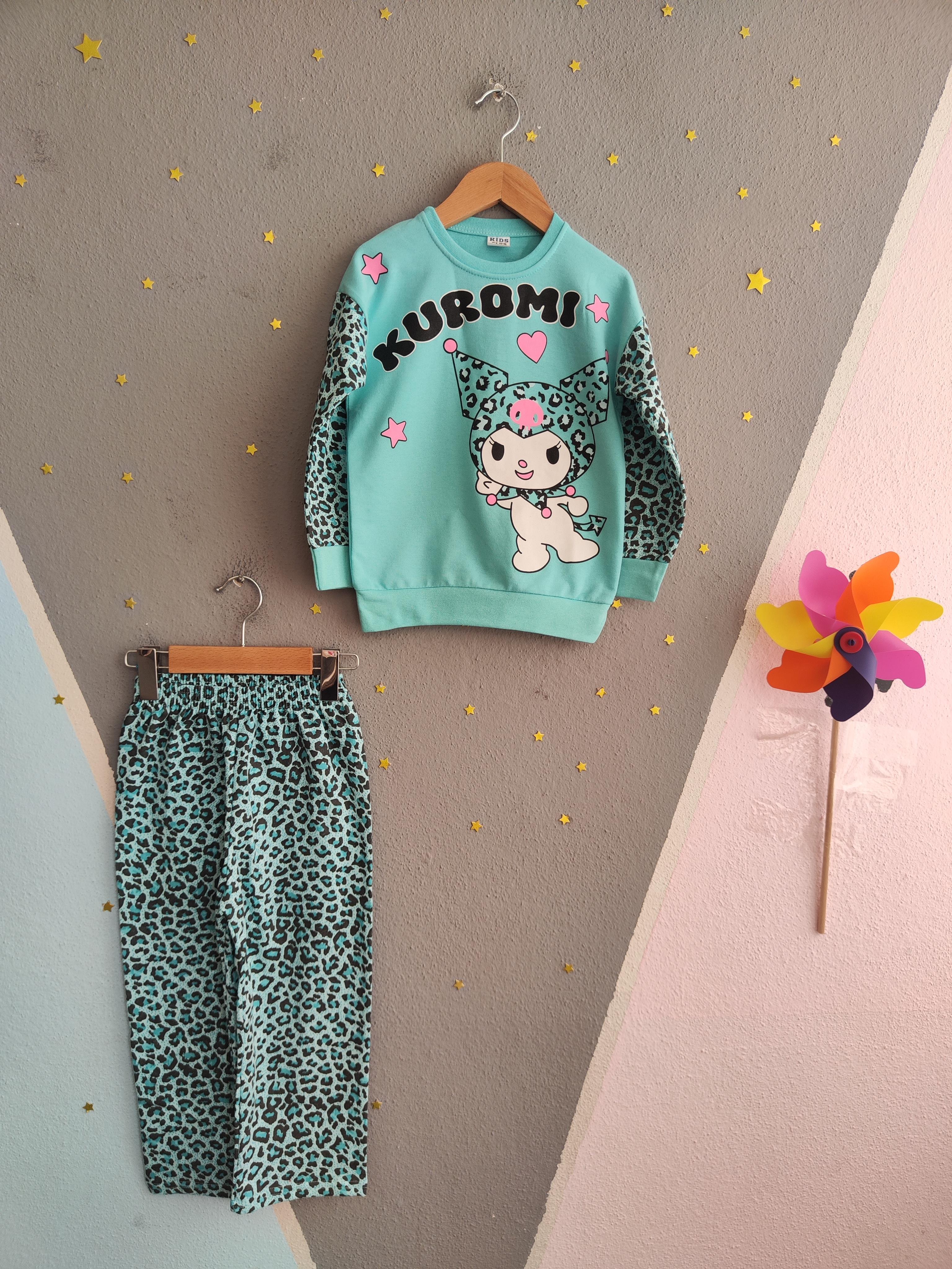 1770 -leopar desen karakter baskılı kız çocuk takımı - Su yeşili