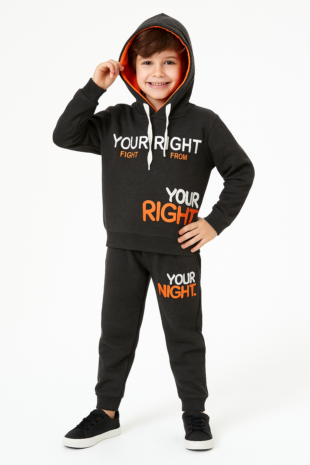 1796 - Your Right Baskılı Kapüşonlu Erkek Takım - Füme