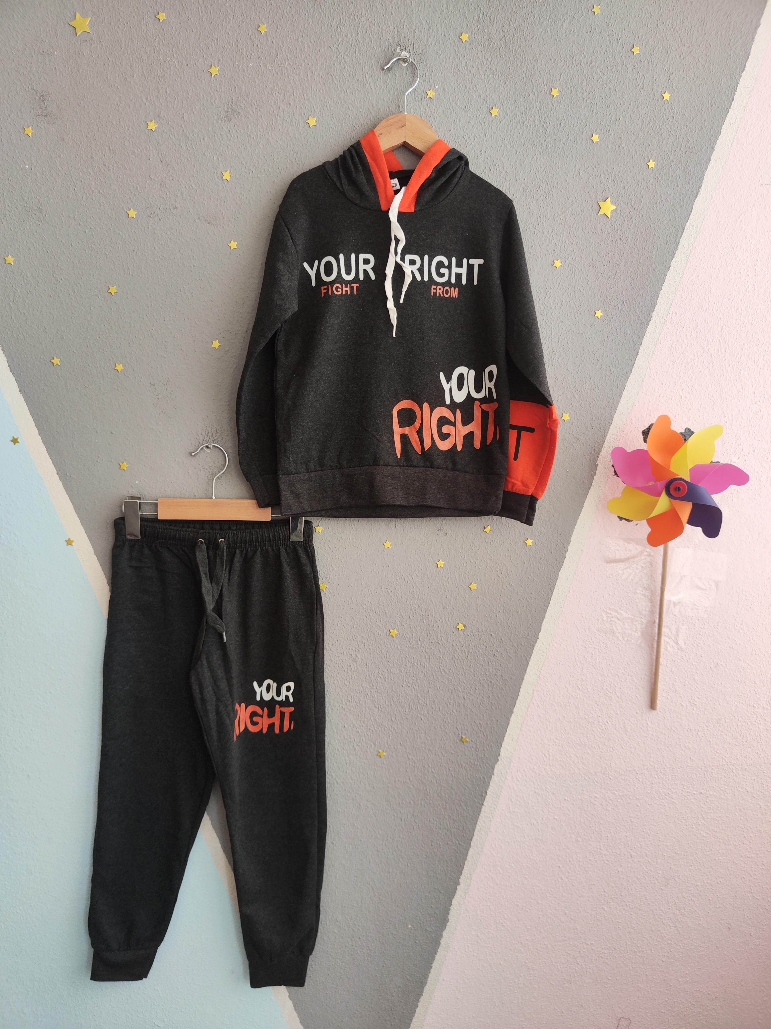 1796 - Your Right Baskılı Kapüşonlu Erkek Takım - Füme