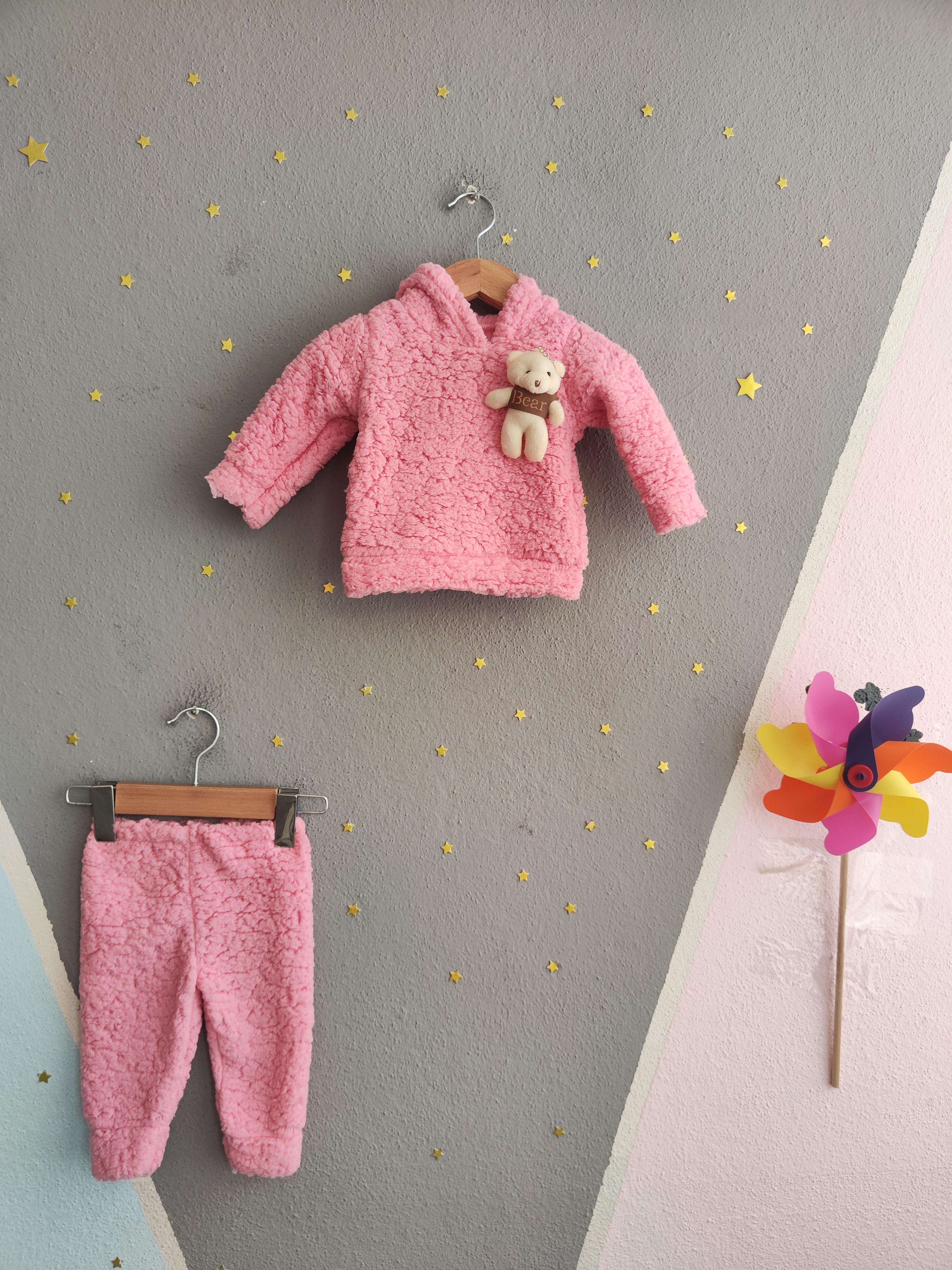 1811 - Ayıcıklı Kapüşonlu Peluş Kız Bebek Takımı - Toz Pembe