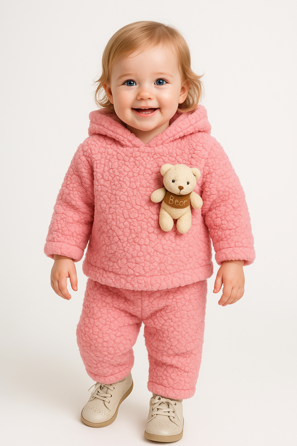 1811 - Ayıcıklı Kapüşonlu Peluş Kız Bebek Takımı - Toz Pembe