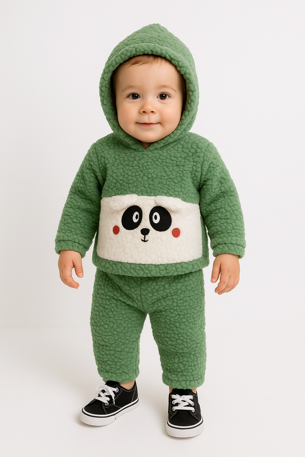 1813 - Kulaklı Hayvan Baskılı Kapüşonlu Peluş Erkek Bebek Takımı - Yeşil