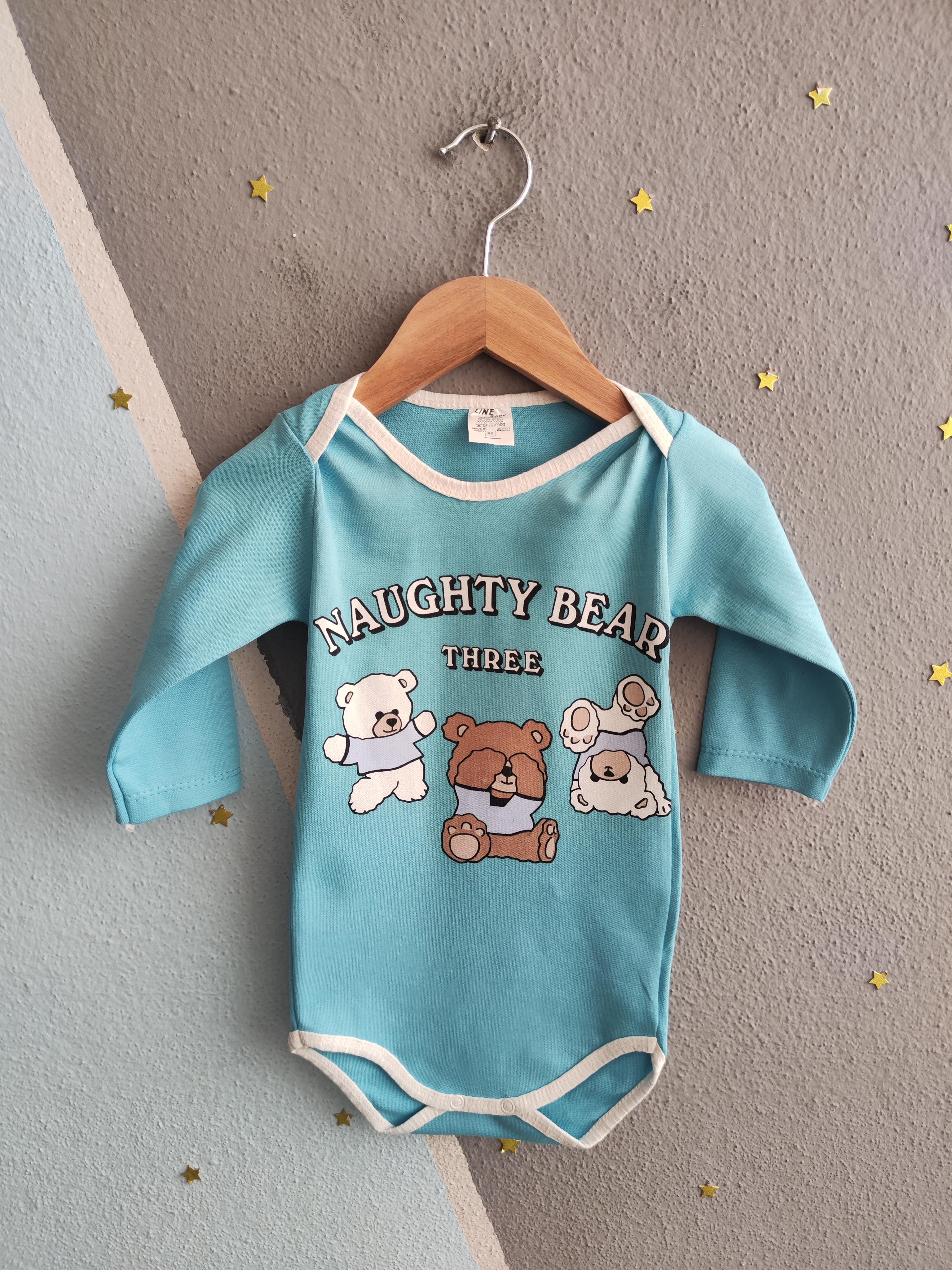 1856 - Naughty Bear Baskılı  Erkek Bebek Çıtçıtlı Body - Mavi