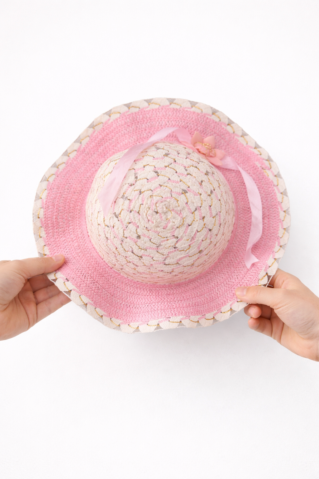 1960 - Kız Çocuk Hasır Şapka - Pembe Çiçek Detaylı