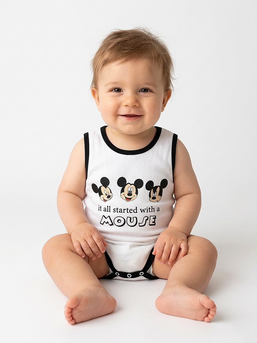 1961 - Karakter Baskıl Kolsuz Bebek Çıtçıtlı Body - Beyaz