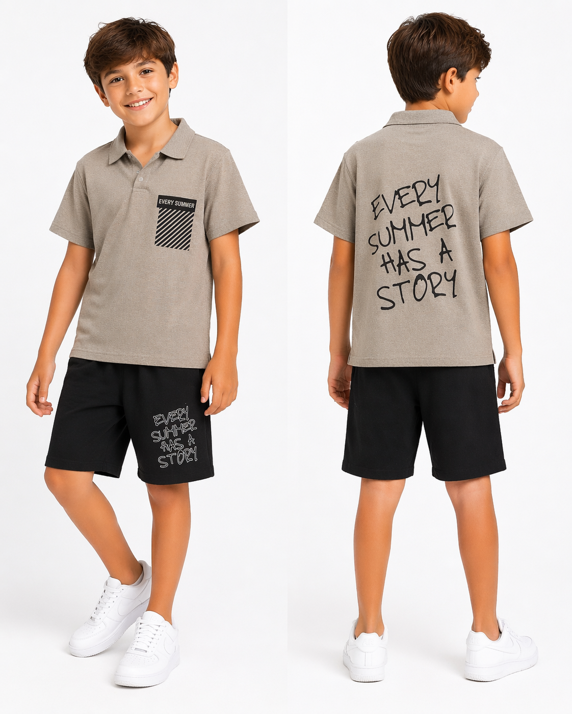 1991-  Every Summer Baskılı Yakalı ve Şortlu Erkek Çocuk Takımı - Gri