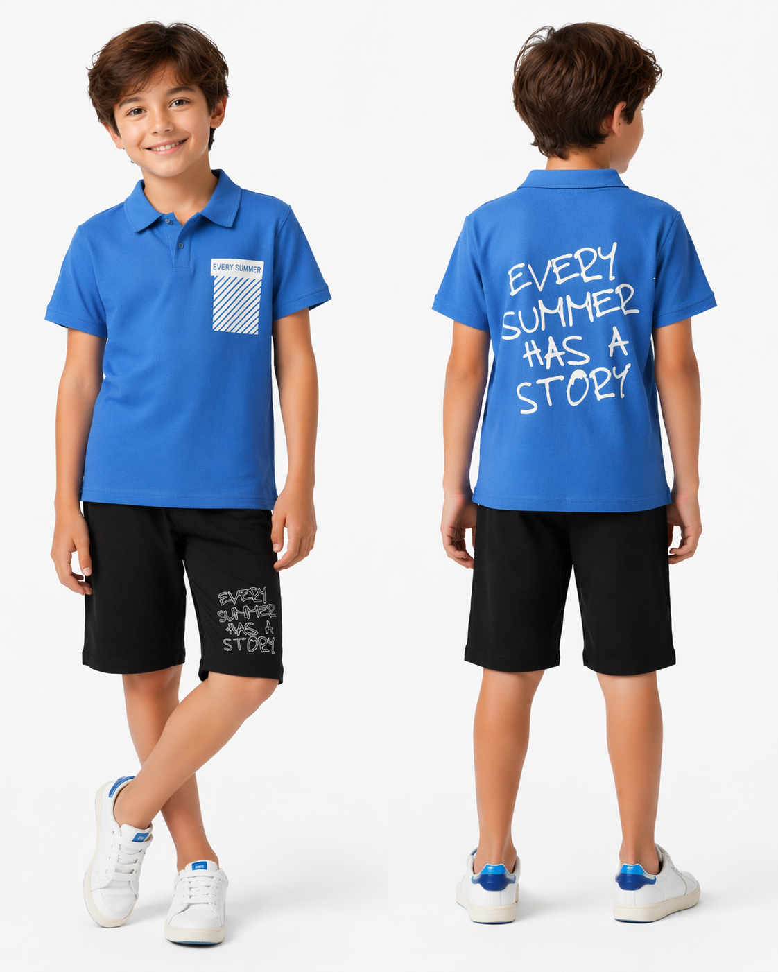 1991-  Every Summer Baskılı Yakalı ve Şortlu Erkek Çocuk Takımı - Mavi