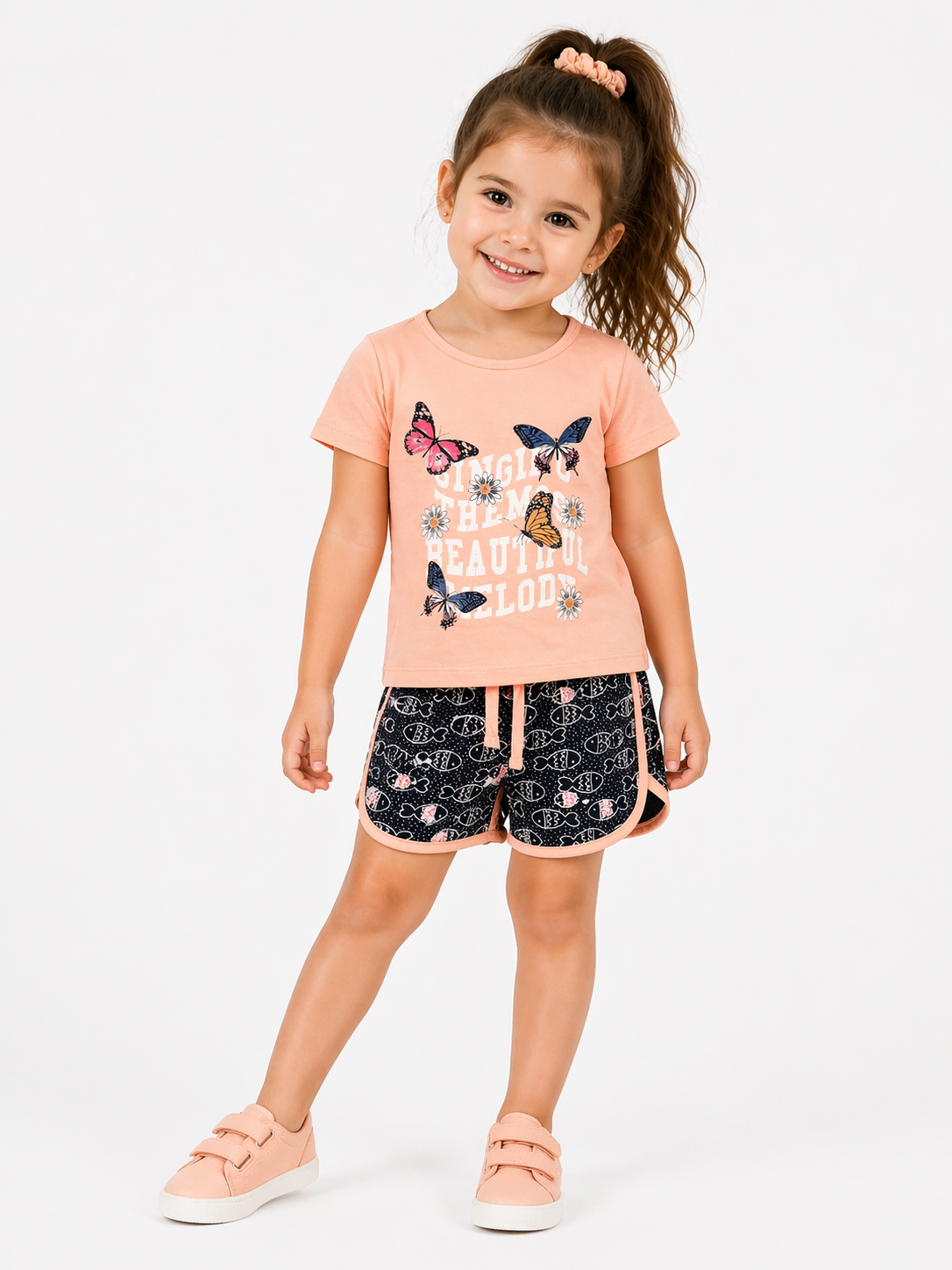 2008 -Kelebek Desenli Şortlu Kız Çocuk Takımı - Somon