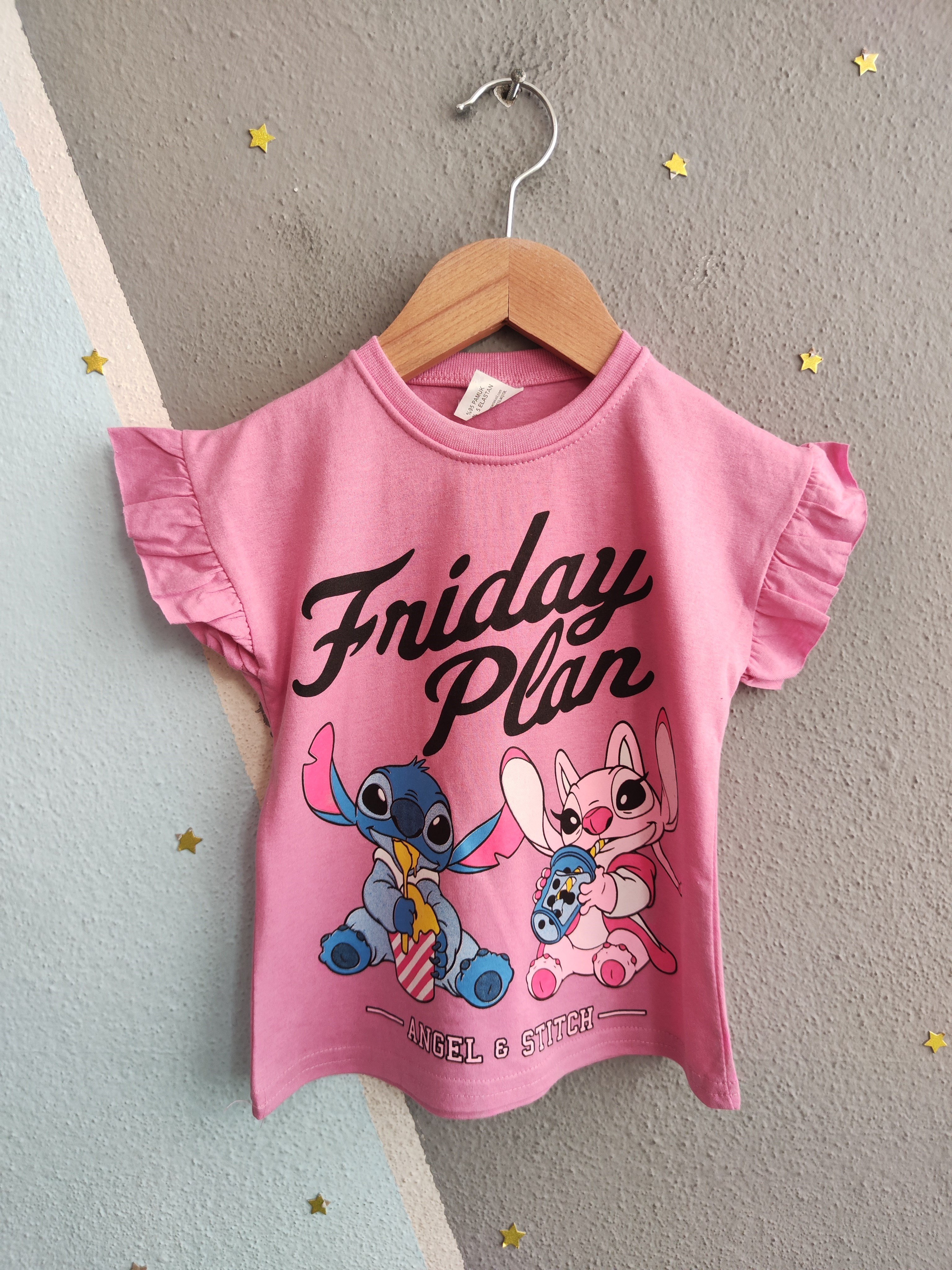 2019 - Friday Baskılı Fırfırlı Kız Çocuk Takım - Pembe
