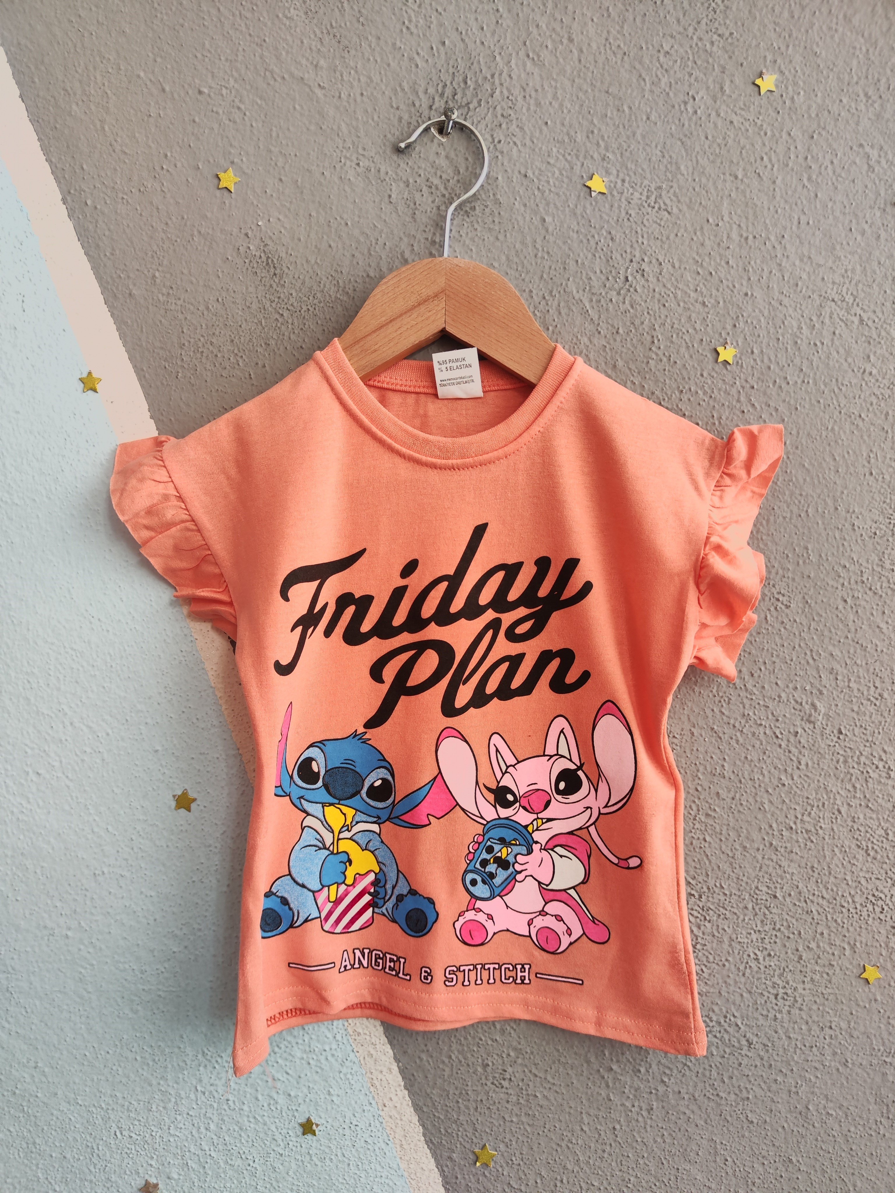2019 - Friday Baskılı Fırfırlı Kız Çocuk Takım - Somon