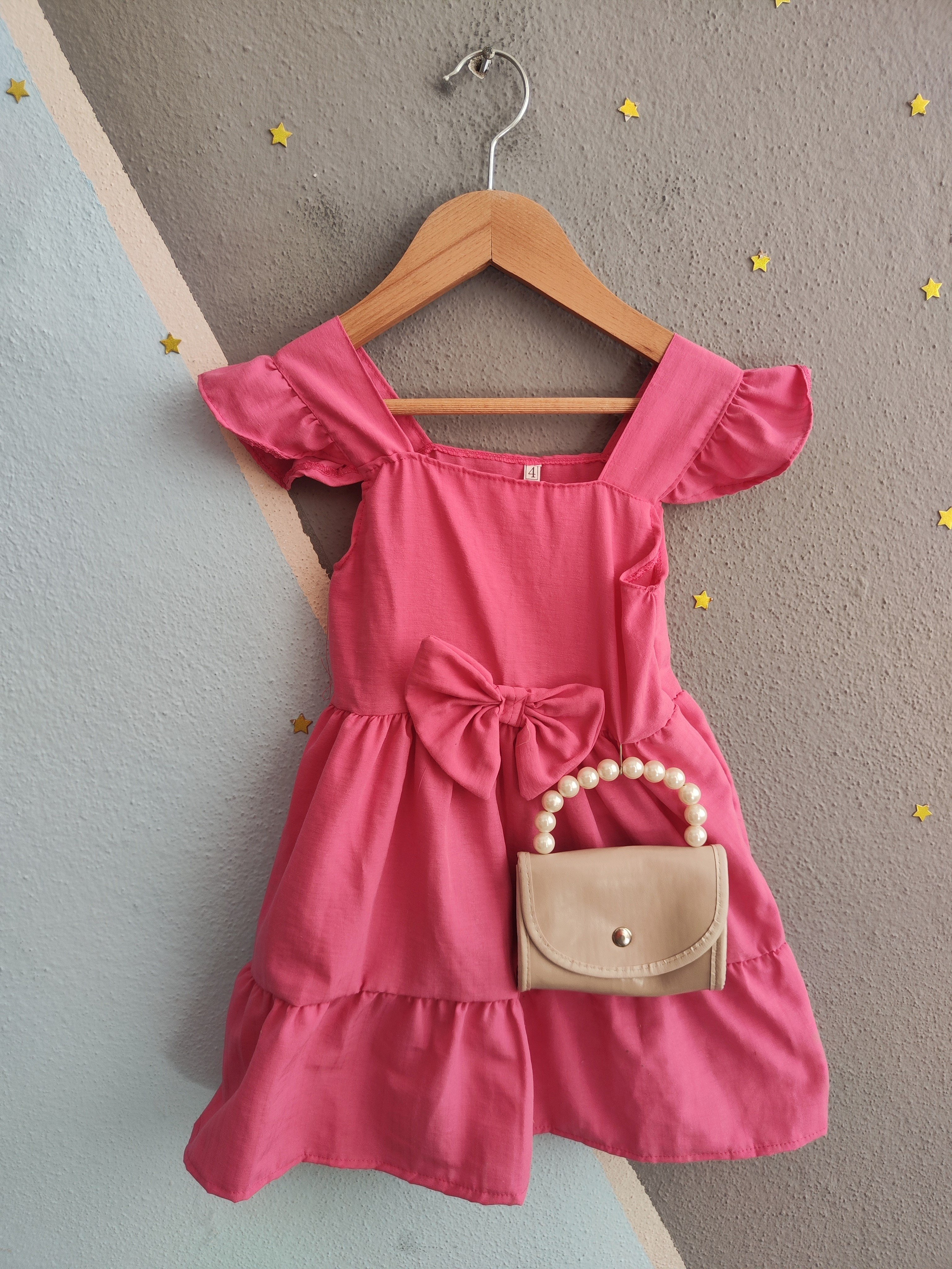 2038- Fiyonk Baskılı Çantalı Kız Çocuk Elbisesi - pembe