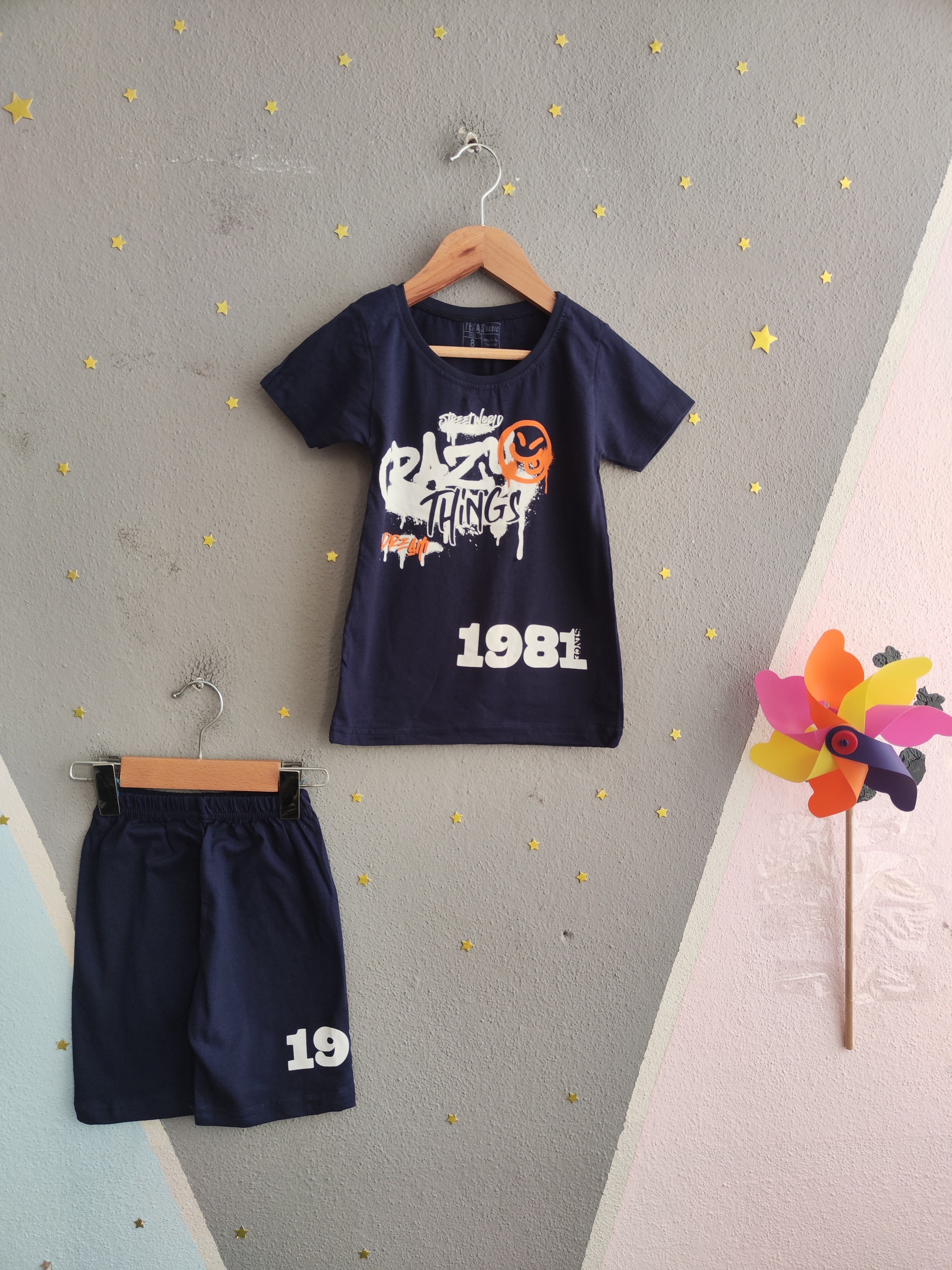 2085 - 1981 Baskılı Şortlu Erkek Çocuk Takım- Lacivert
