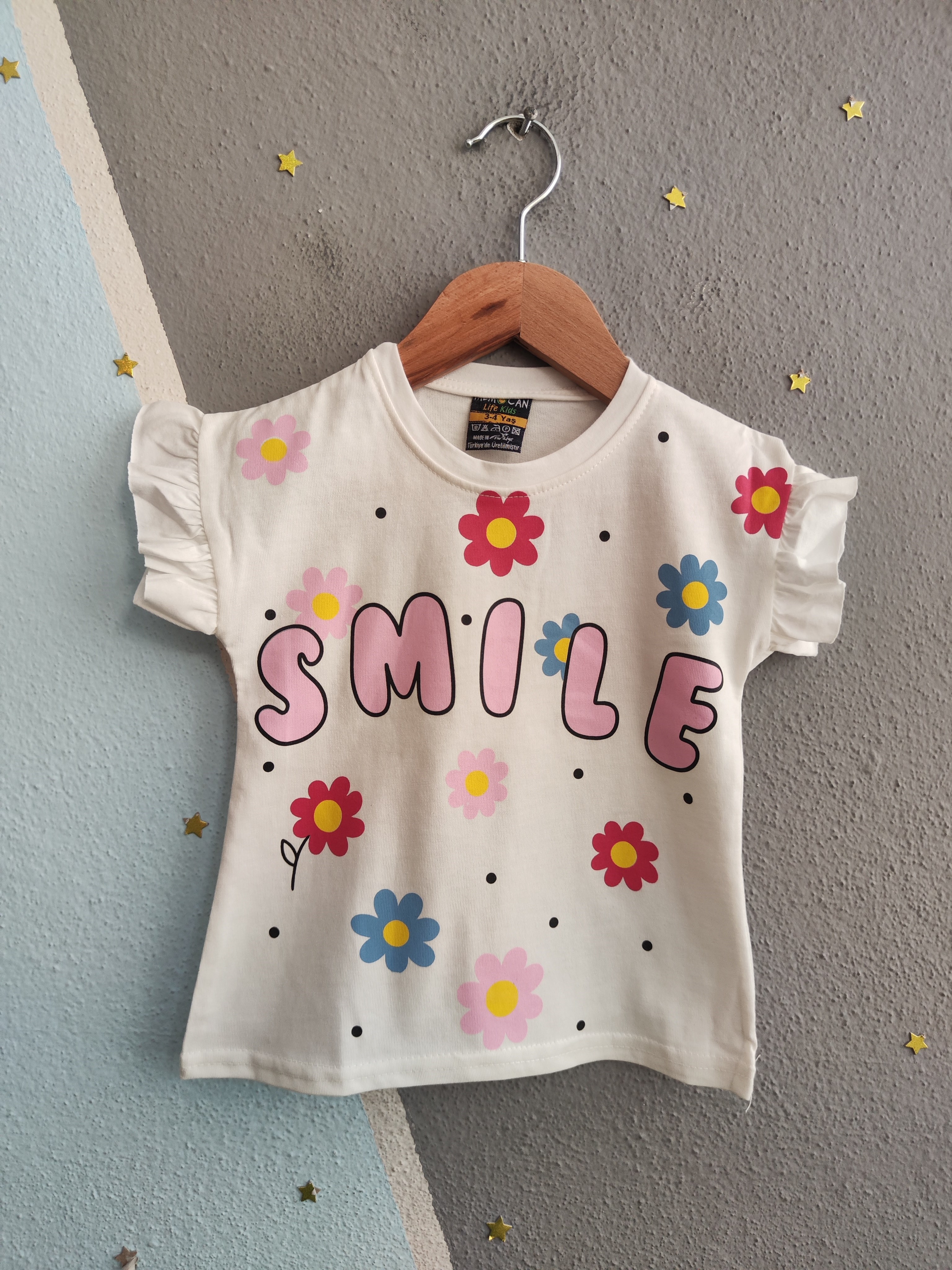 2086 - Smile Baskılı Fırfırlı Kız Çocuk Takım - Toz pembe