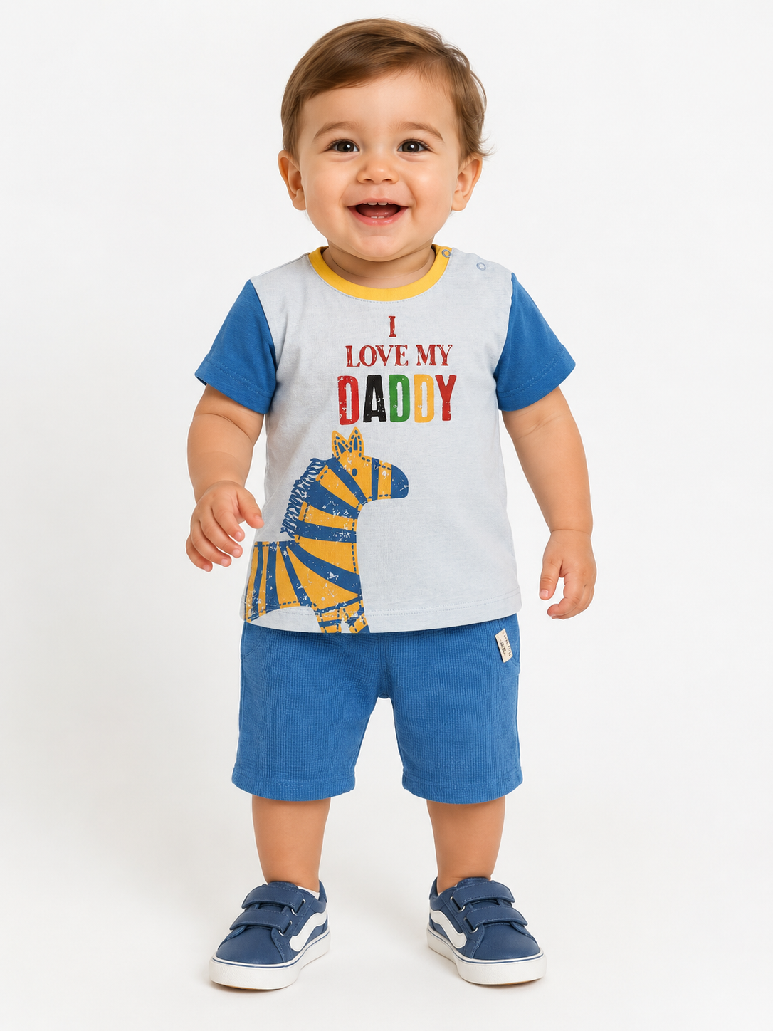 2110 - Love Daddy Baskılı  Erkek Bebek Takımı - Buz mavi - Saks
