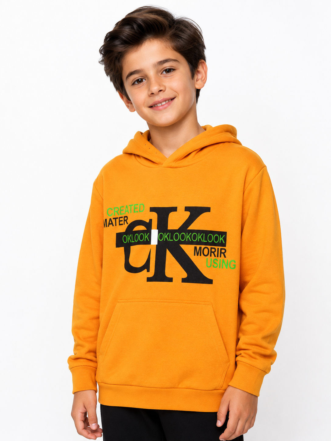 2119 - Baskılı Kapüşonlu Erkek Çocuk Sweatshirt - Sarı