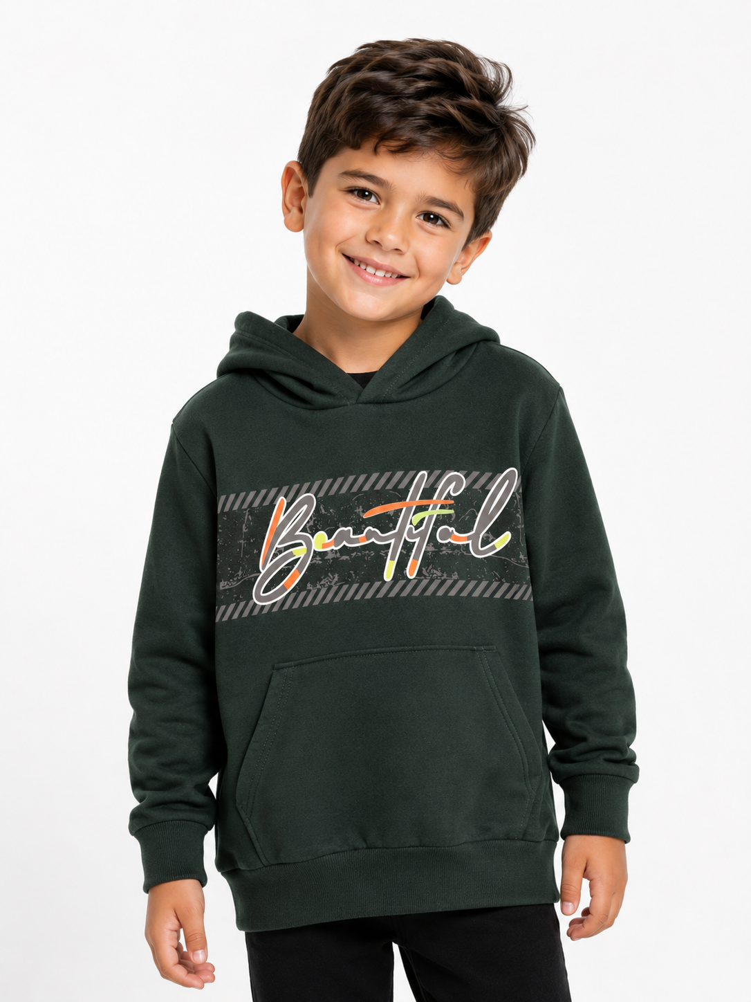 2120- Baskılı Kapüşonlu Erkek Çocuk Sweatshirt - Haki