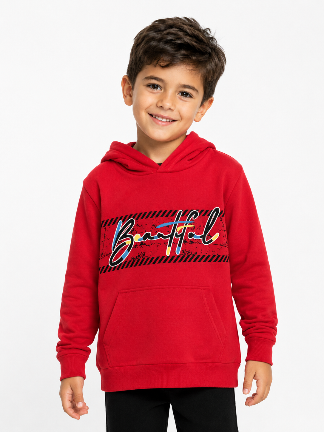 2120- Baskılı Kapüşonlu Erkek Çocuk Sweatshirt - Kırmızı