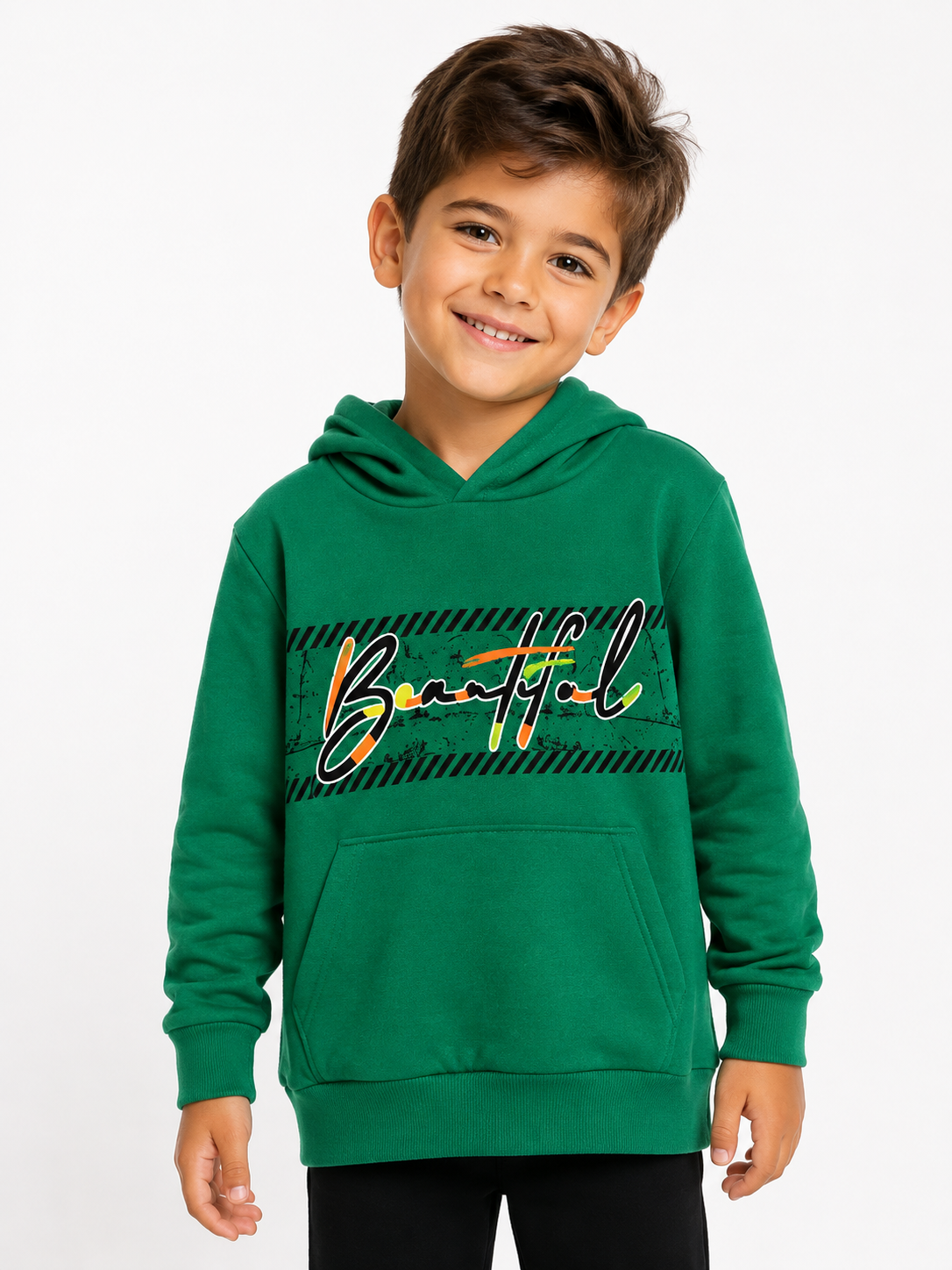 2120- Baskılı Kapüşonlu Erkek Çocuk Sweatshirt - Yeşil