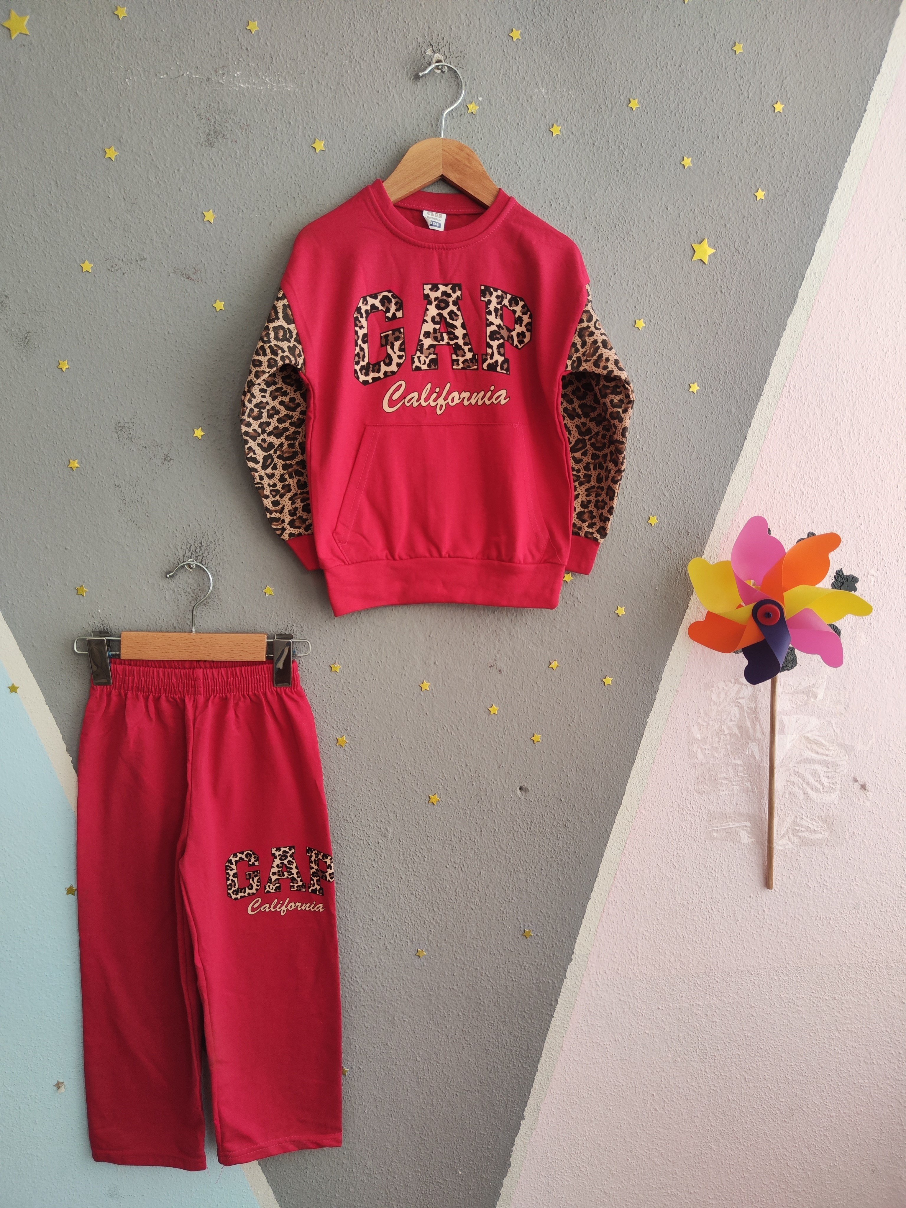 2122 - Kolları Leopar Baskılı Kız Çocuk Takım  - Fuşya